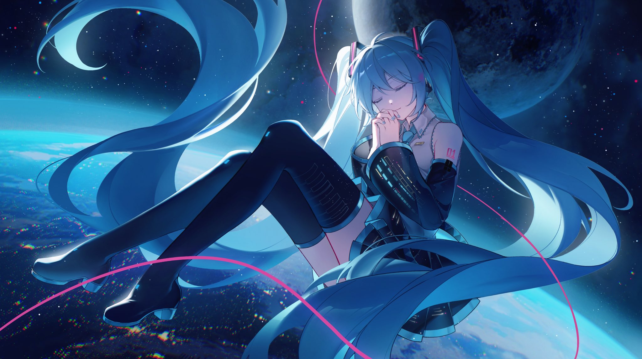 Hatsune Miku Blue Hair Vocaloid Space Planet Wallpaper - Resolution ...