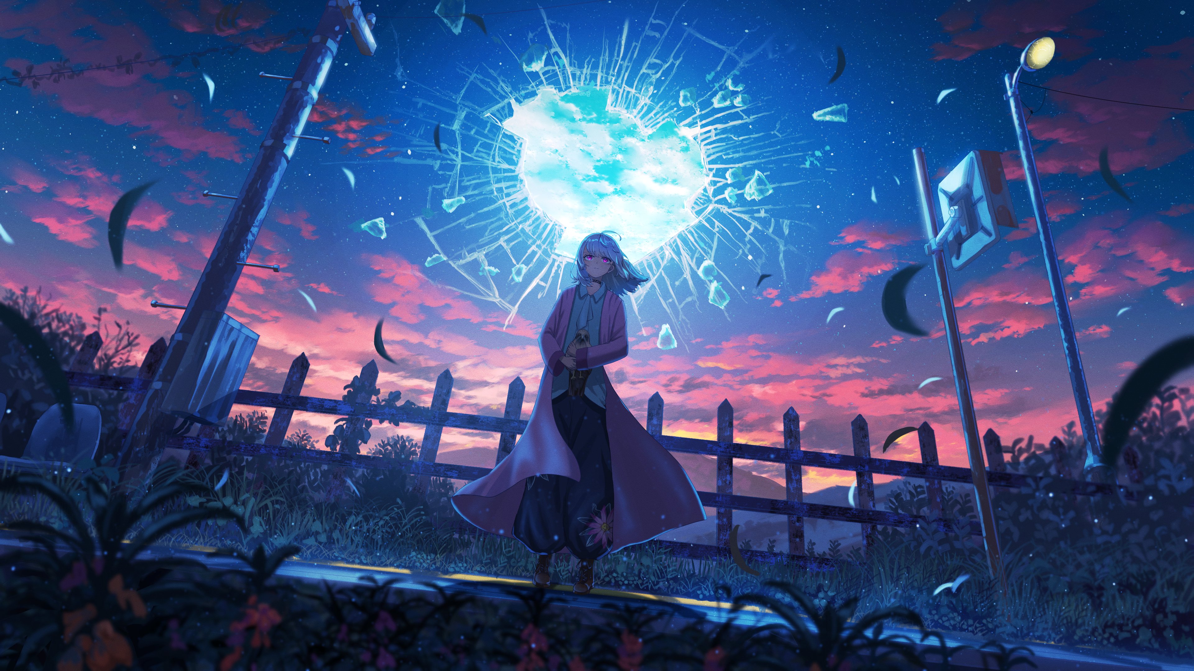 Shuu Illust Anime Digital Art Artwork Illustration Sky Sunset Clouds Starred Sky Plants Choker Women 3840x2160
