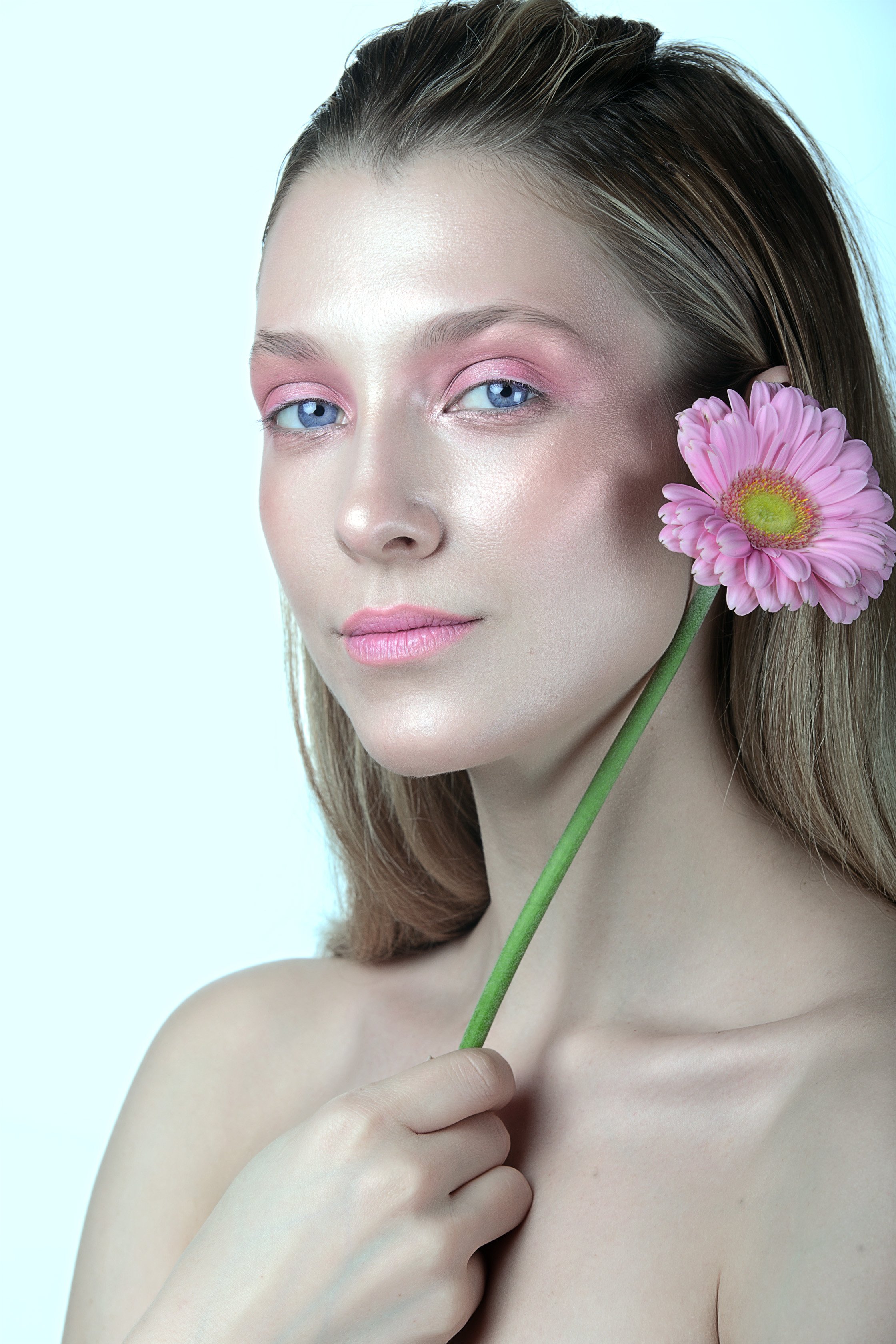 Alexander Zhuravlev Women Portrait Makeup Looking At Viewer Pink Flowers 2240x3360