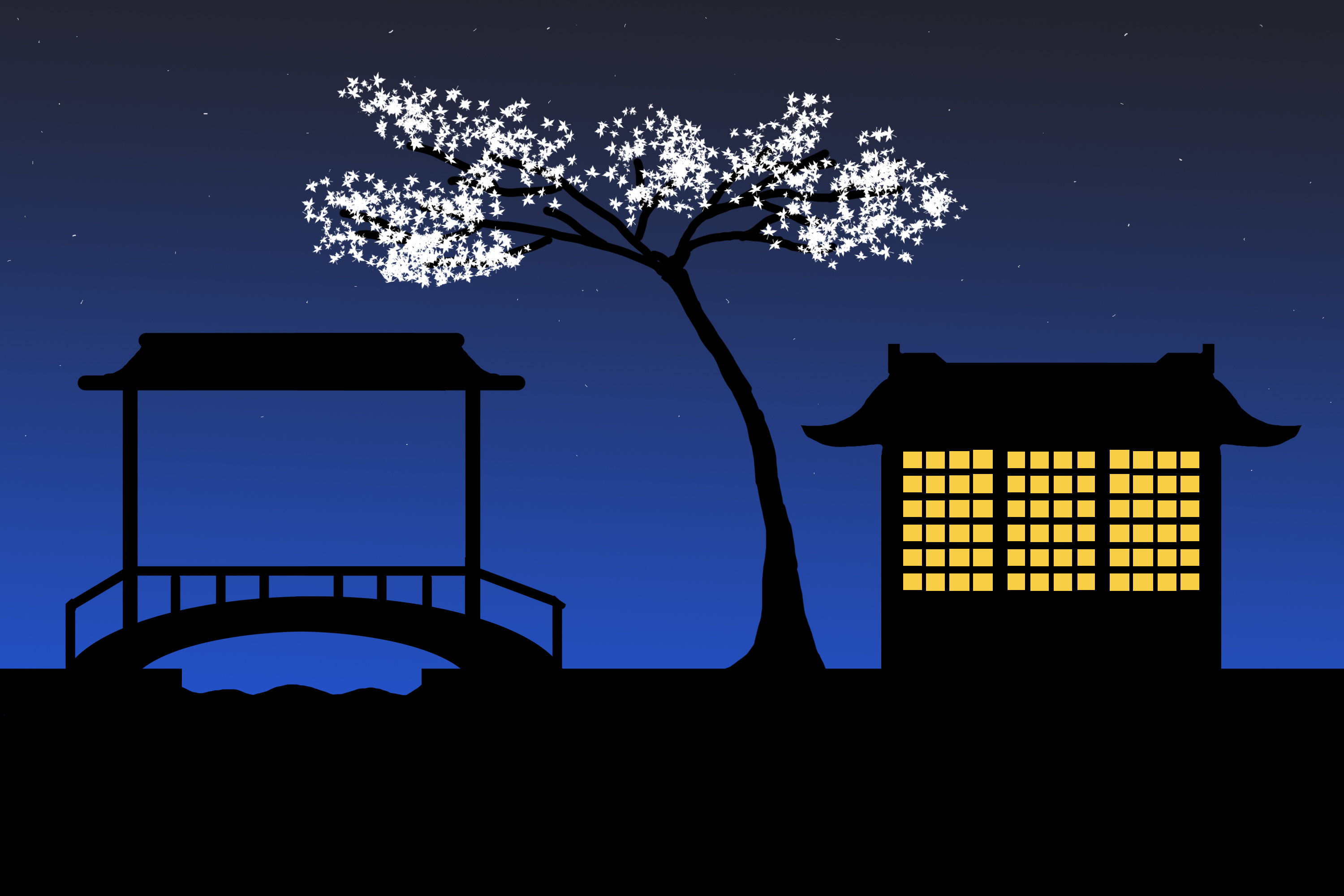Japan House Trees Cherry Trees Bridge Stars Night Lights 3000x2000