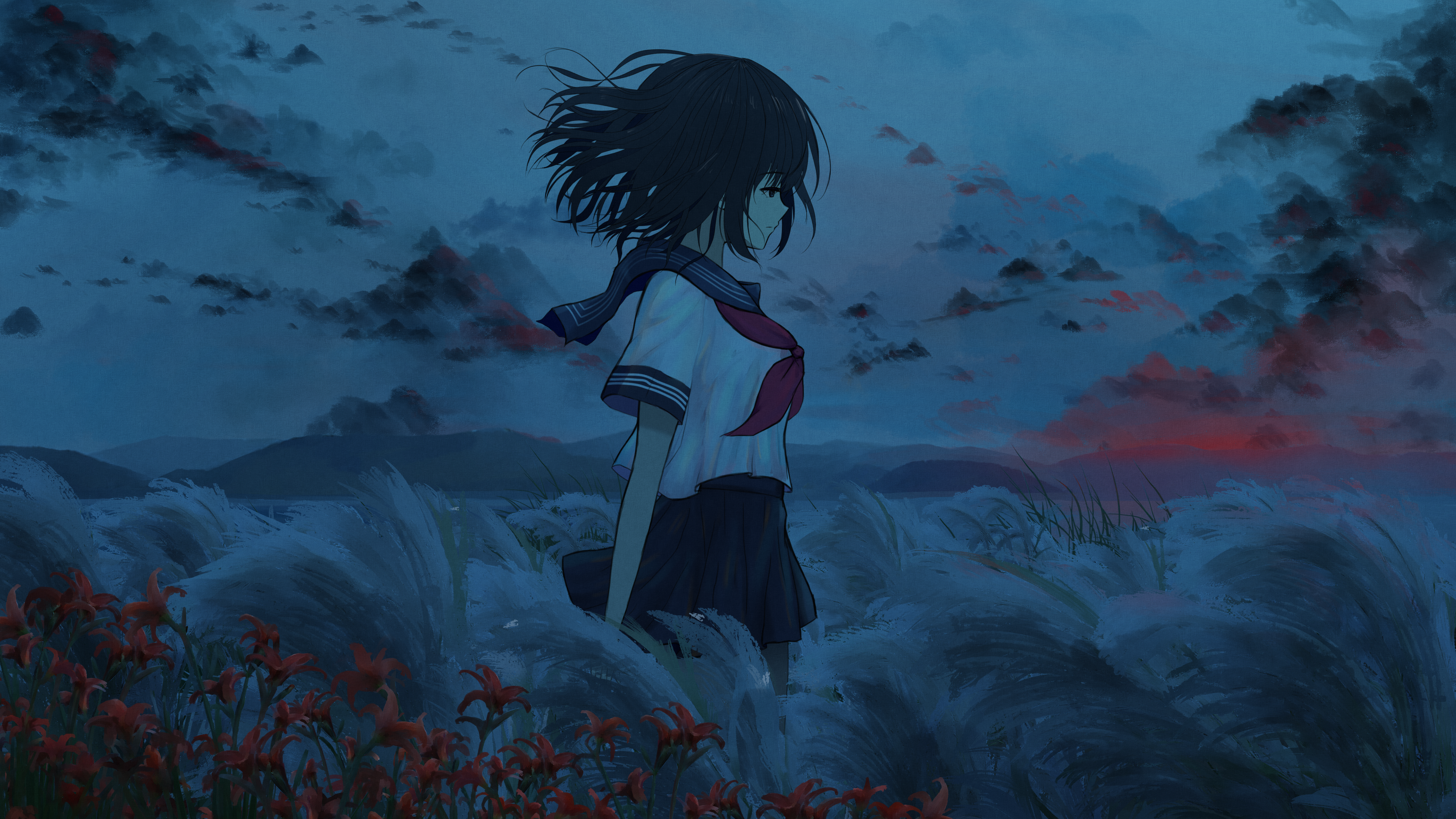 Anime Anime Girls School Uniform Flowers Grass Clouds Sky 3840x2160