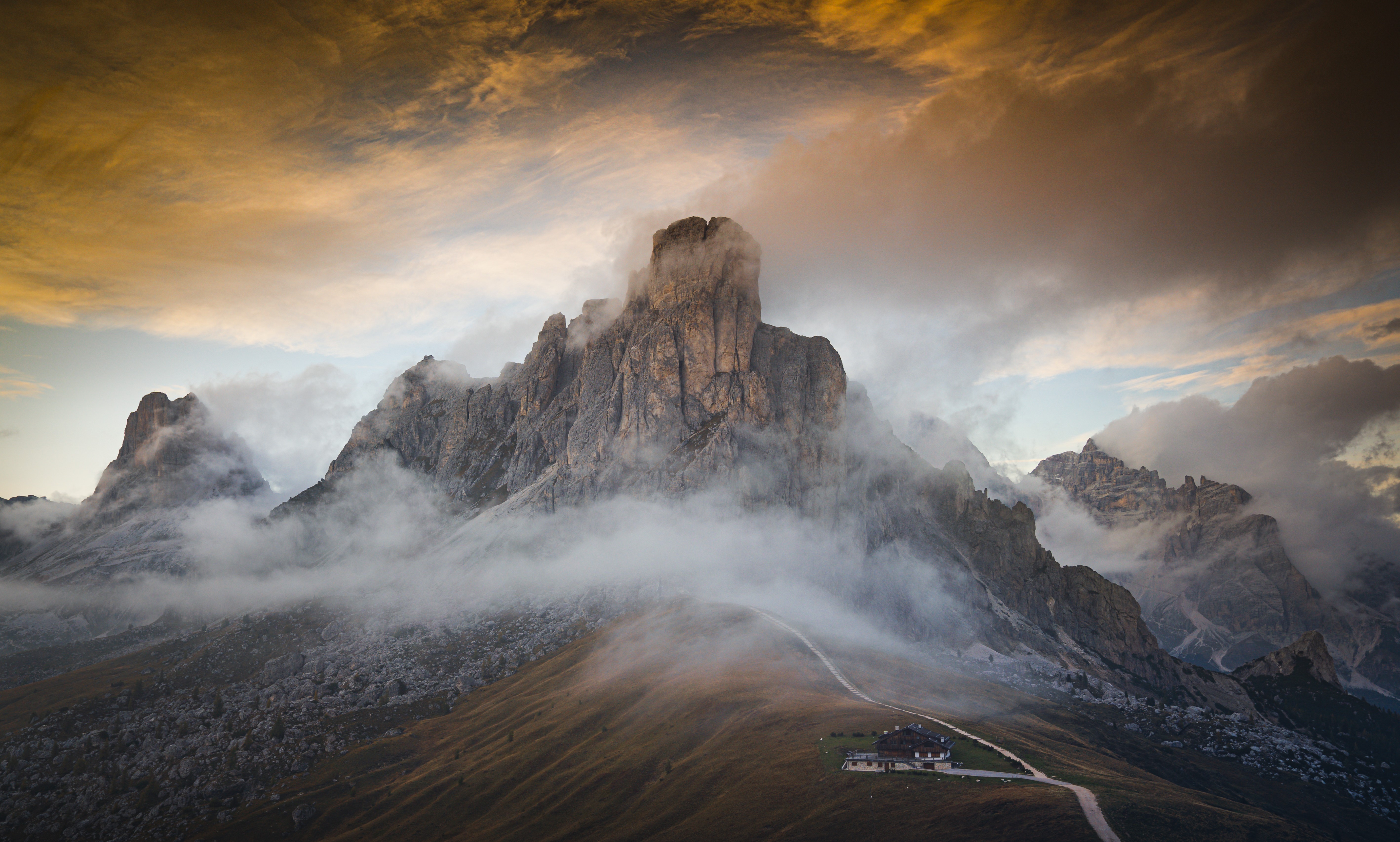 Nature Landscape Mountains Sky Clouds House Rocks Mist Hills Dolomites Italy 5672x3410