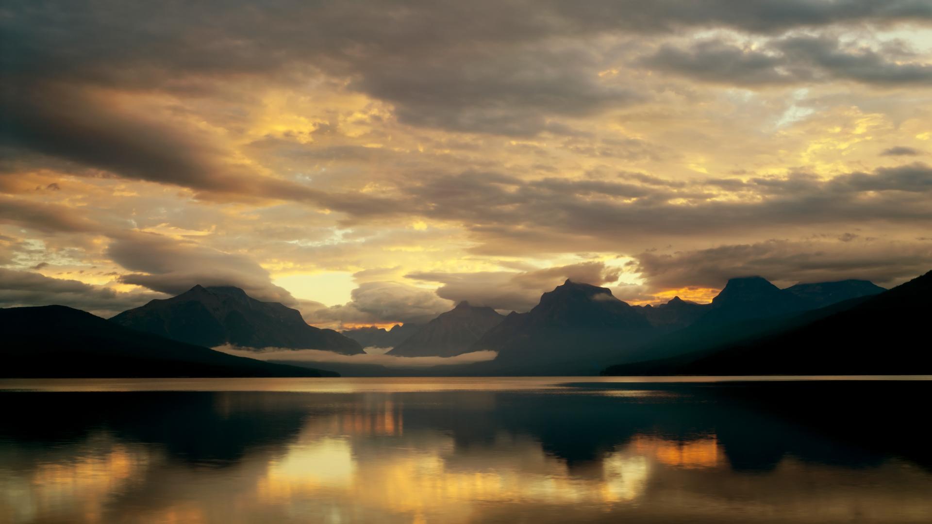 Lake McDonald Glacier National Park Lake Mountains Clouds Nature Reflection 1920x1080