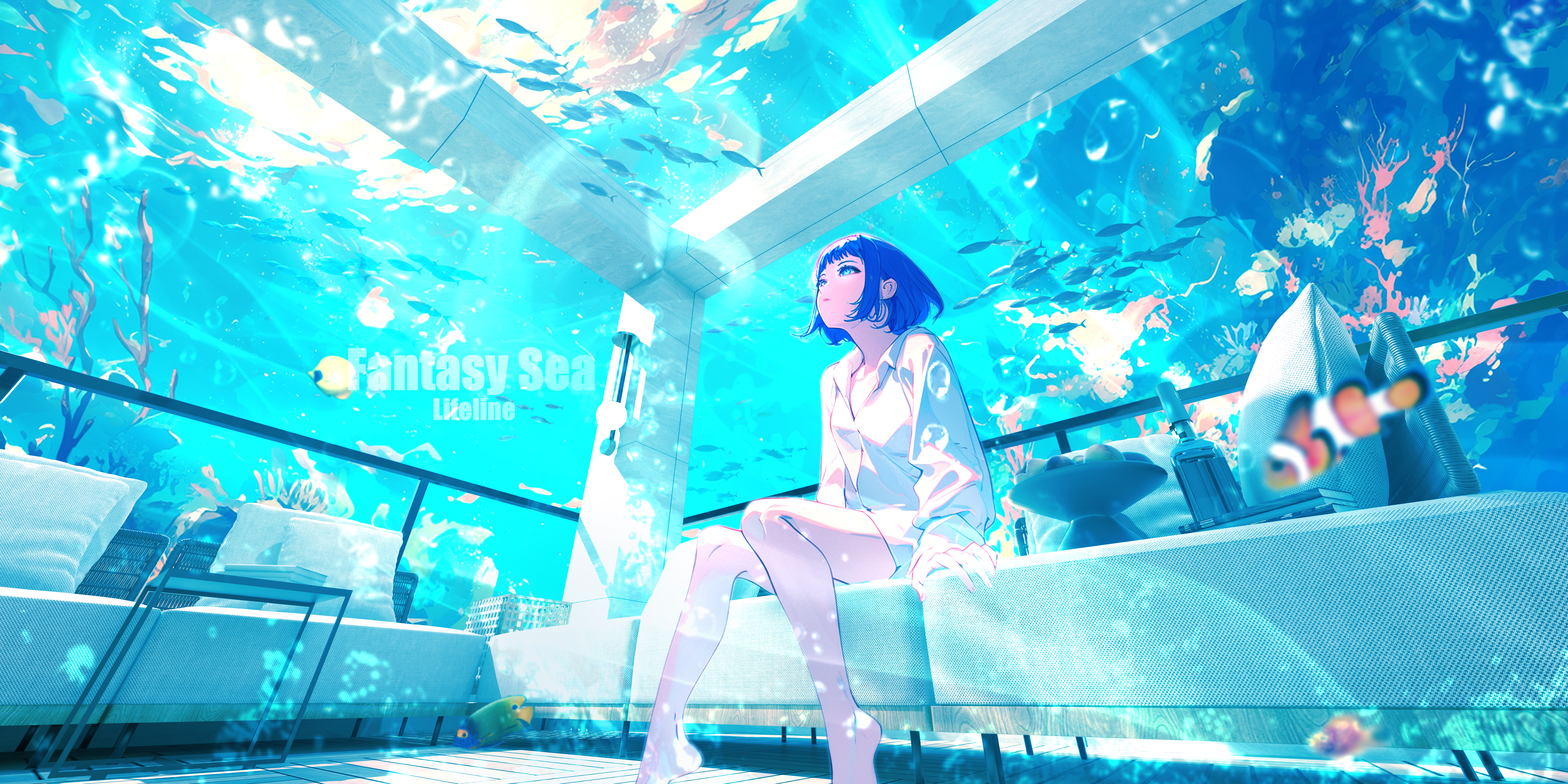 Lifeline Water Fish Underwater Looking Up Women Indoors Sitting Short Hair Clownfish Barefoot Anime  6000x3000