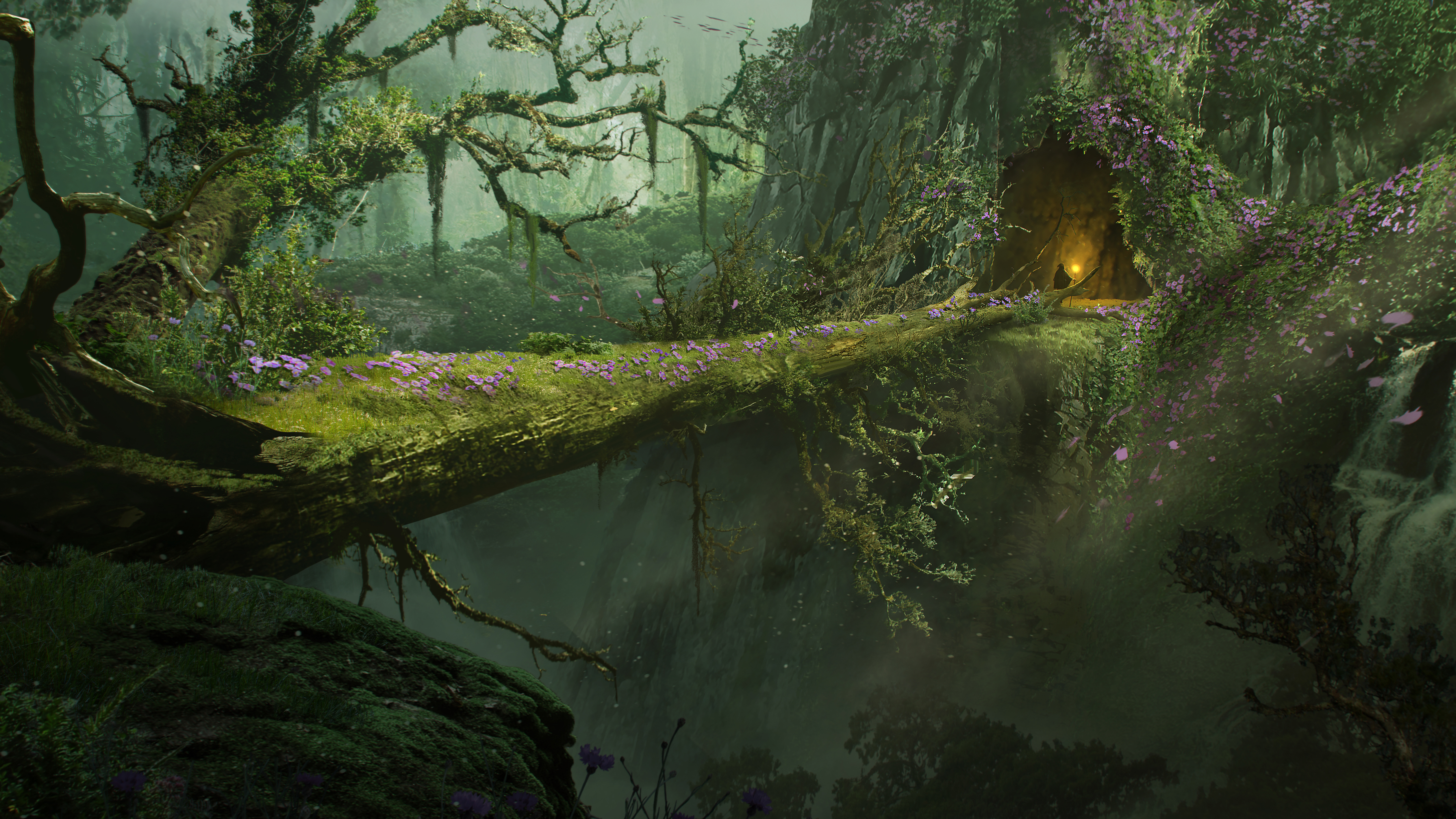 Ashes Of Creation Trees Mist Fire Flowers Moss Cave Figure Fantasy Waterfall 5120x2880