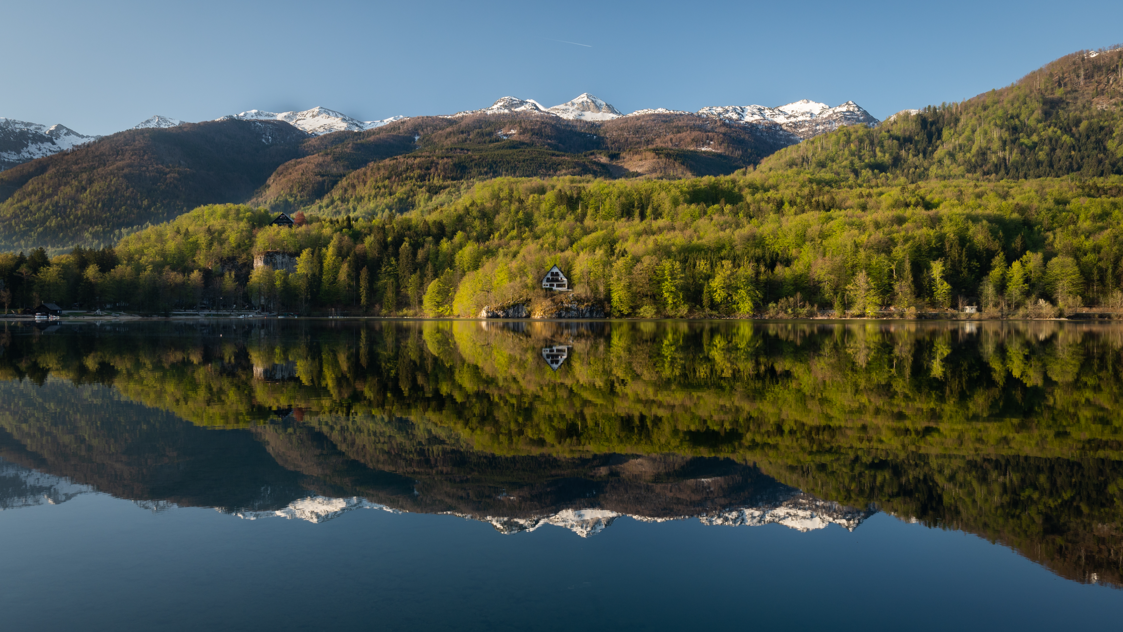 Nature Landscape Trees Forest Water Reflection Clear Sky Airplane House Mountains Snowy Peak Lake La 3840x2160