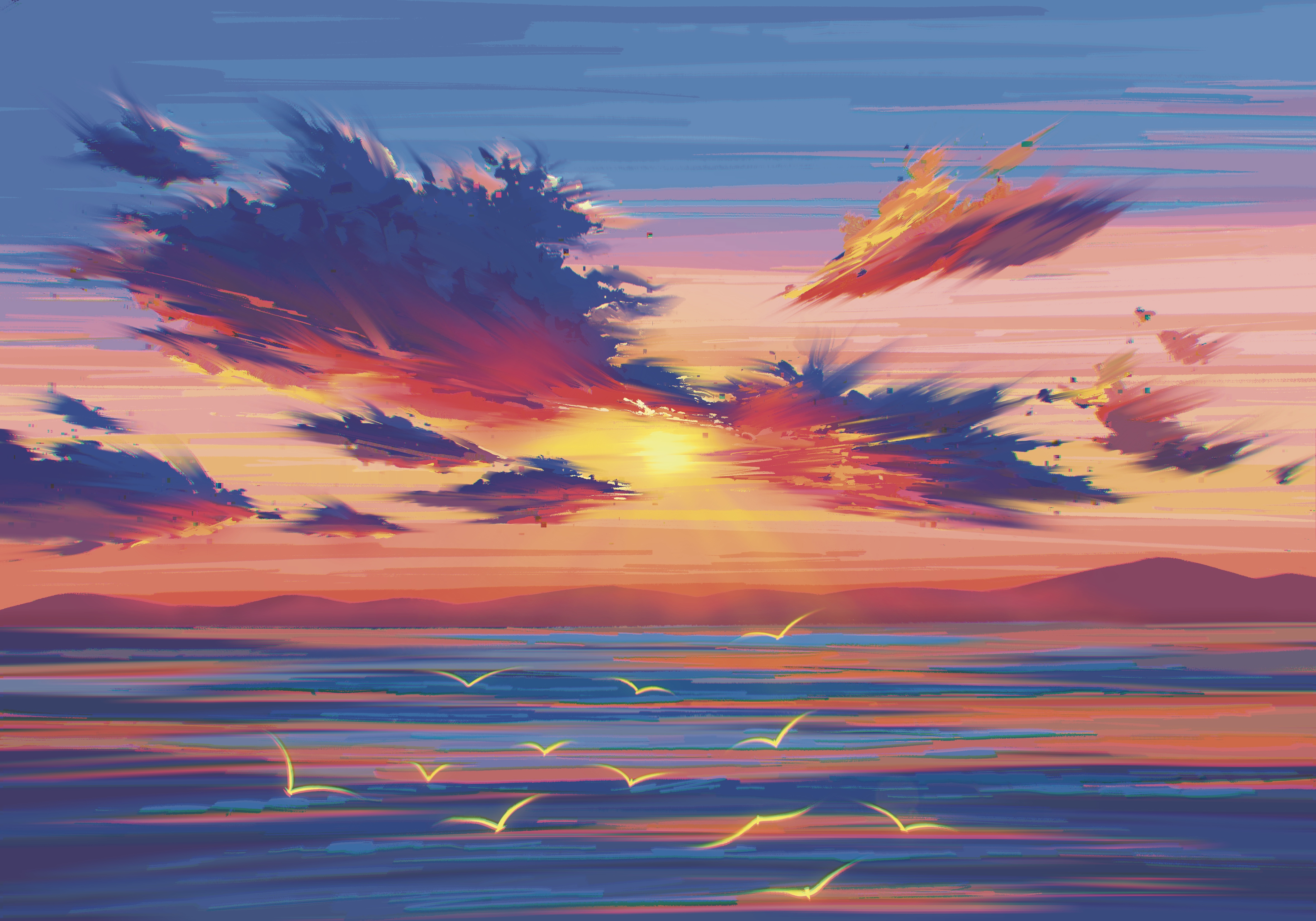 Digital Art Artwork Illustration Painting Landscape Clouds Sea Water Mountains Sun Sunlight Sunset B 4724x3307