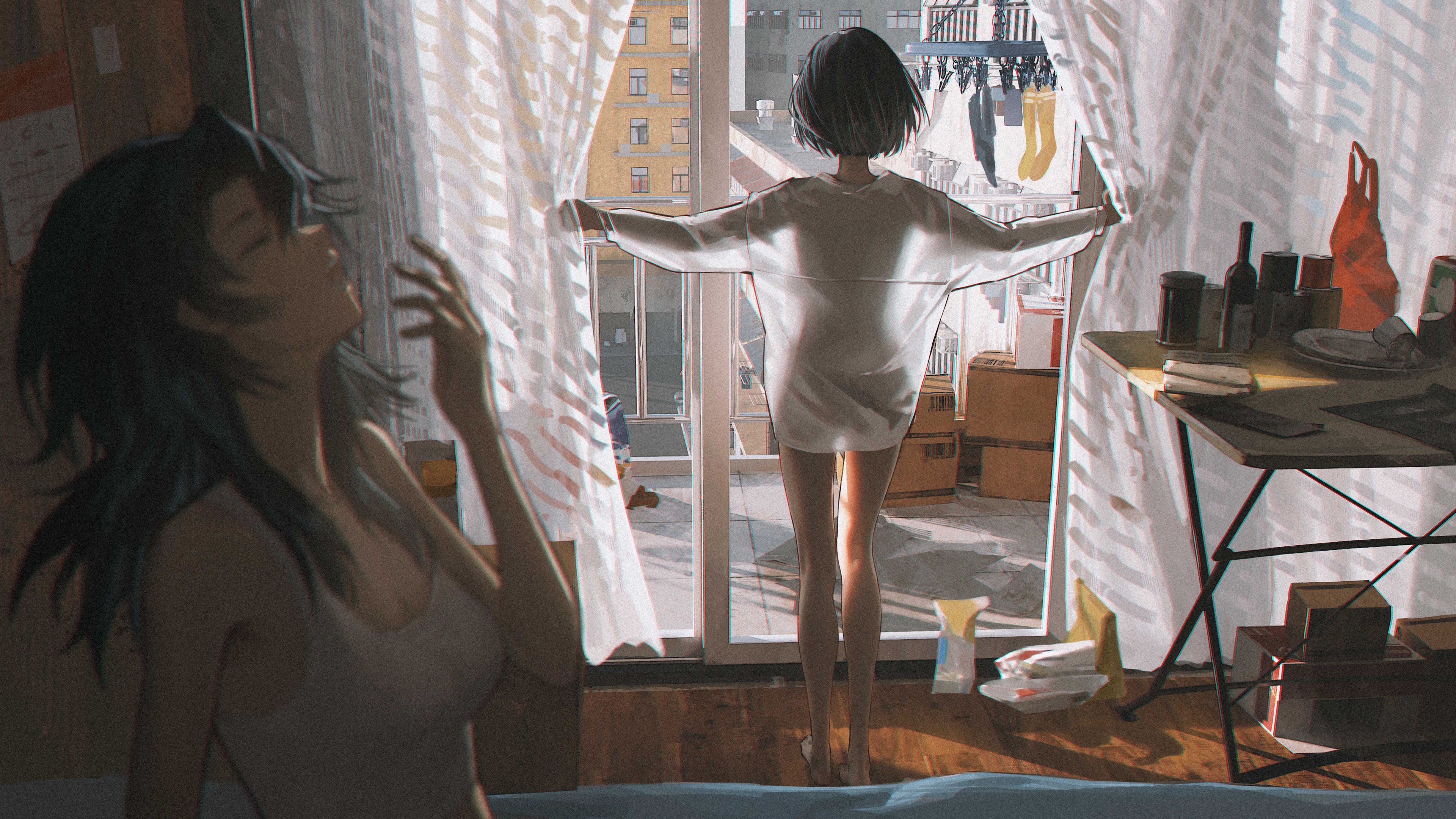 Anime Anime Girls Room Yawning Window Morning Curtains 3840x2160