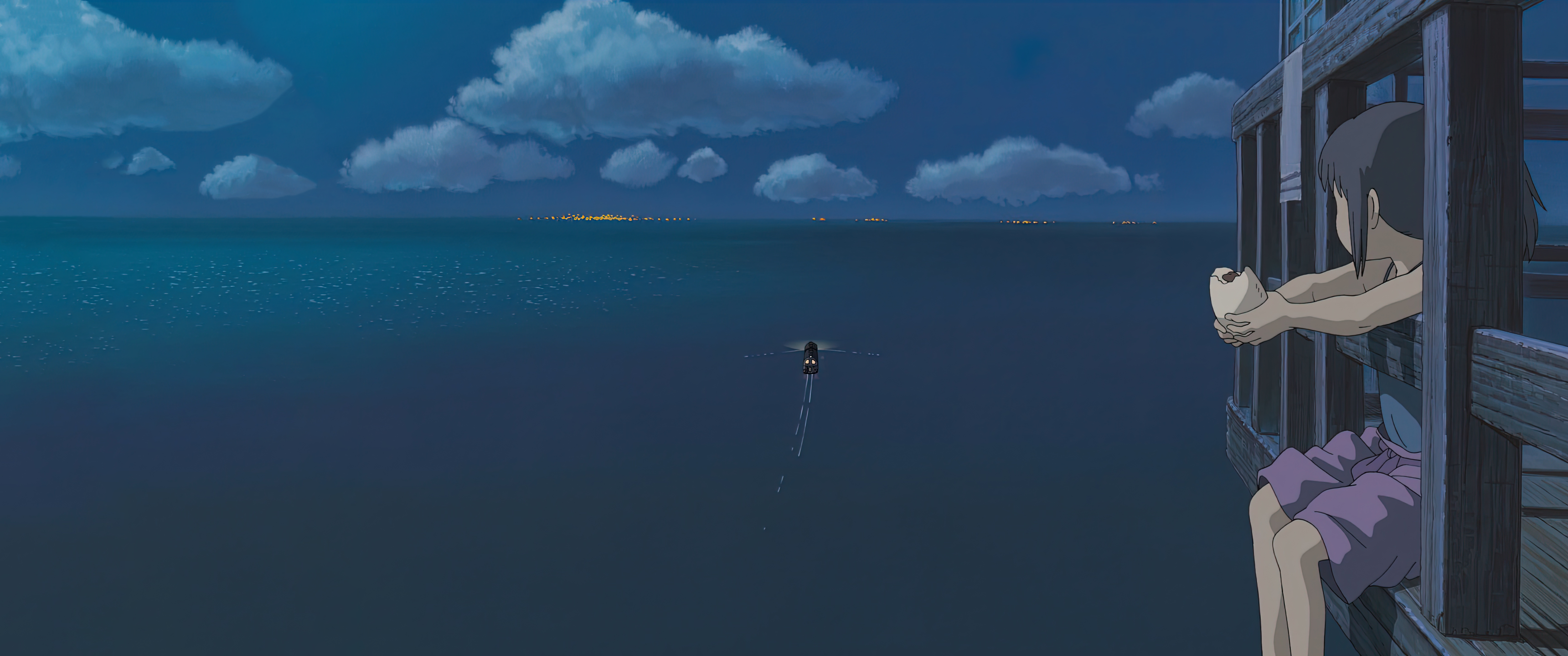 Anime Anime Girls Ocean View Boat City Lights Studio Ghibli Spirited Away Clouds Night Sky Looking I 3440x1440