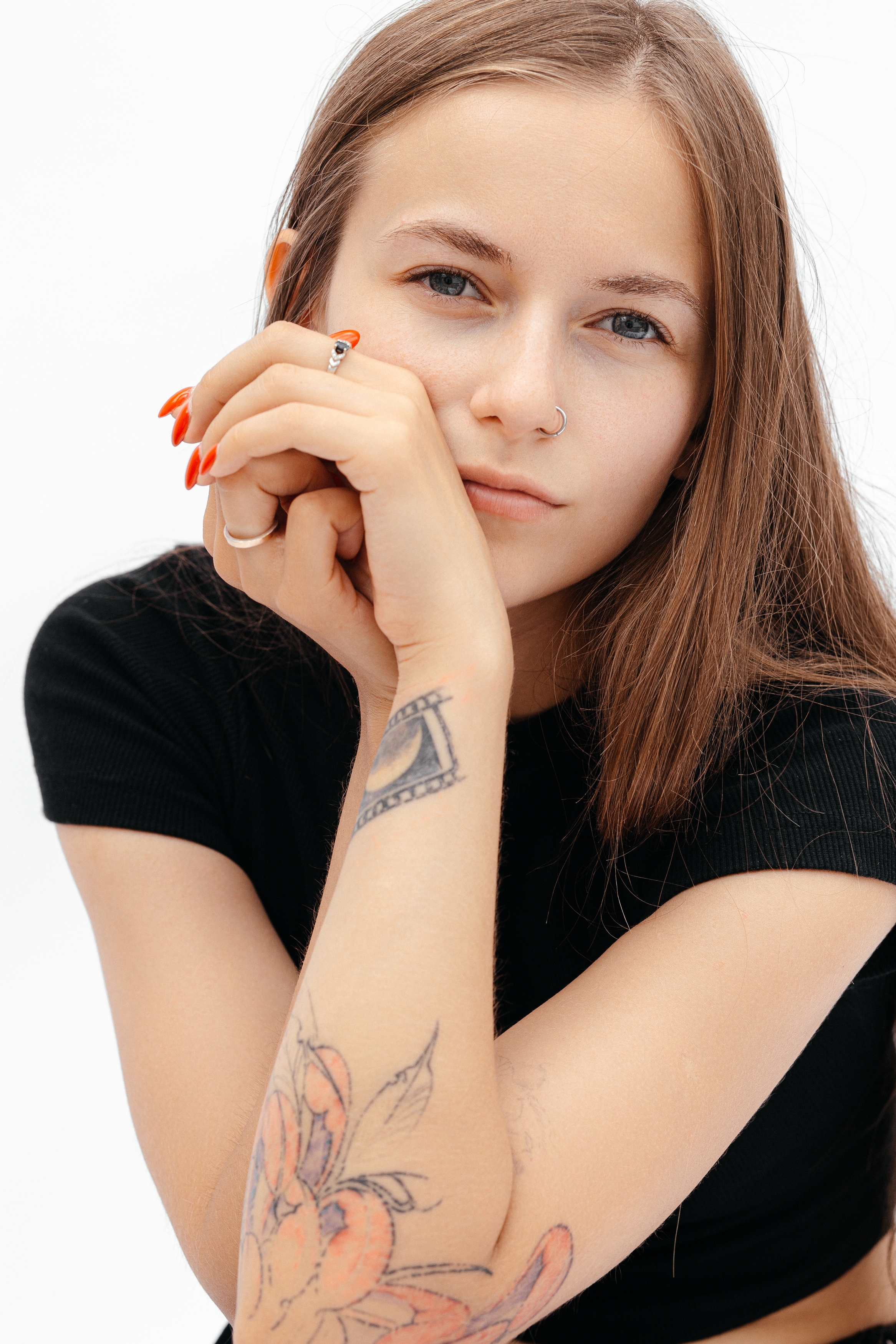Dmitriy Arabadzhi Women Painted Nails Tattoo Piercing Portrait T Shirt Black Top Nose Ring 2333x3500