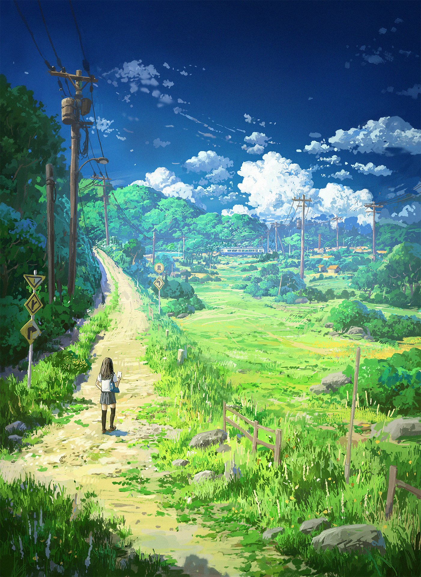 Cyclecircle Outdoors Cumulus Schoolgirl School Uniform Path Grass Power Lines Road Sign Bushes Cloud 1402x1920