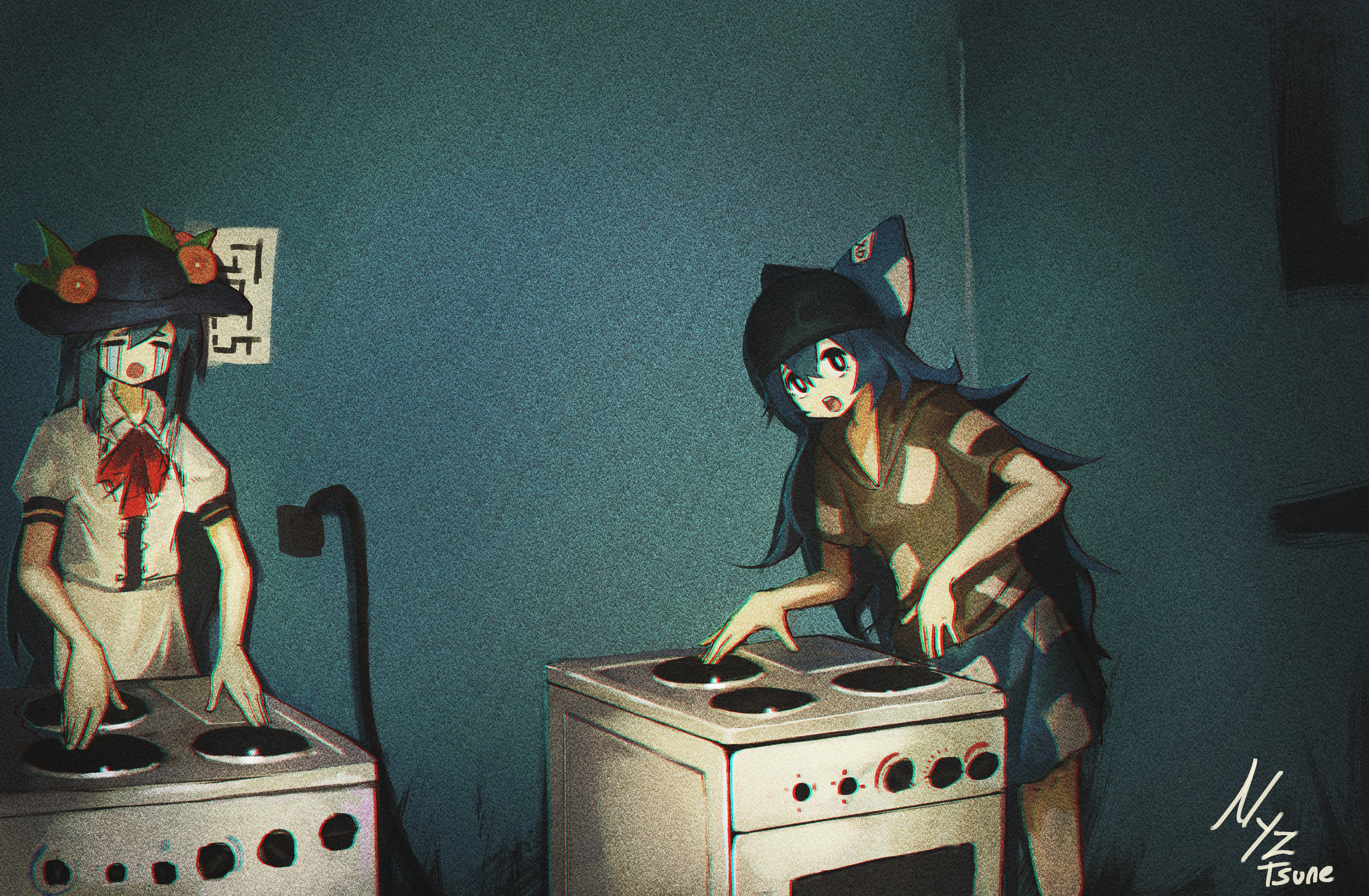 Anime Anime Girls Long Hair DJ Stove Hat Pants Crying Oven 3353x2194