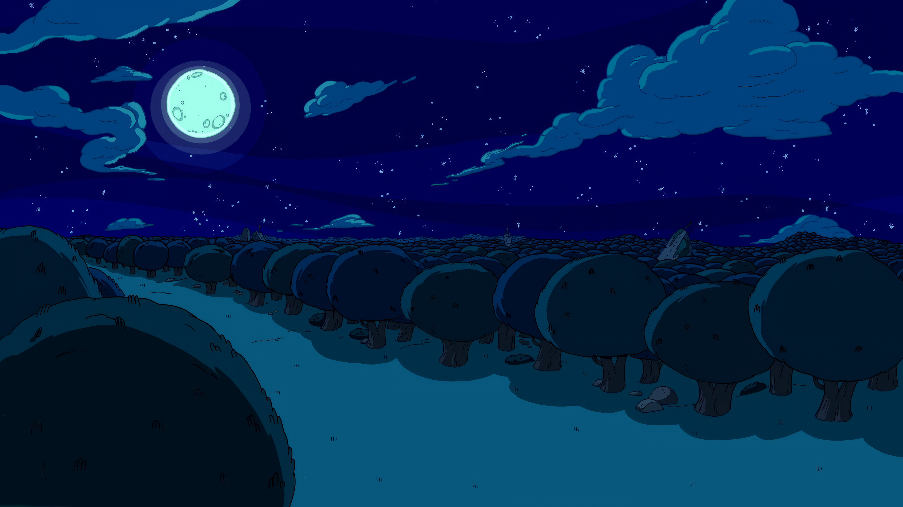 Adventure Time Night Blue Clouds Stars Trees Grass Moon 3840x2160