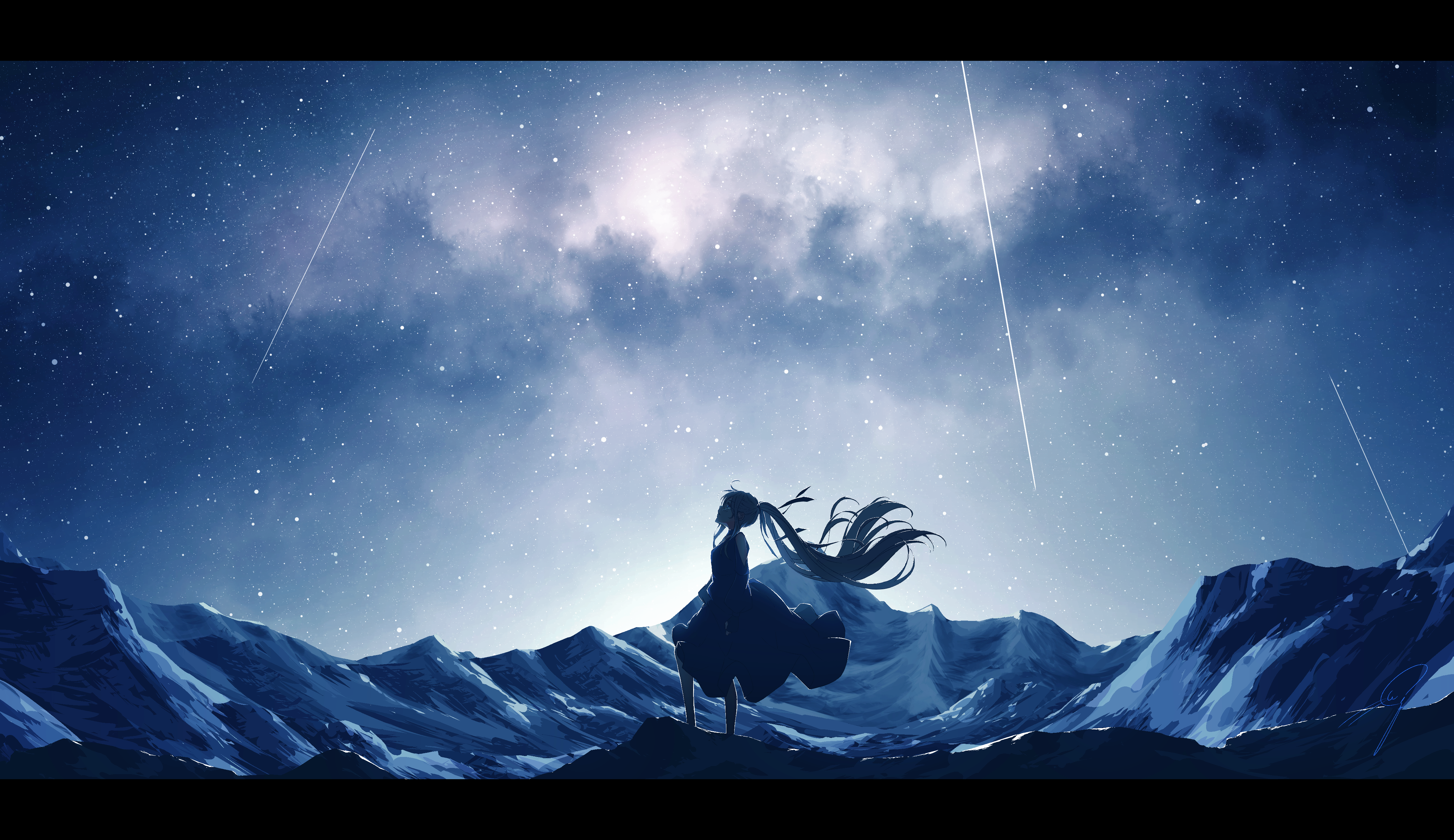 Anime Anime Girls Landscape Night Sky Stars Vocaloid 4640x2680