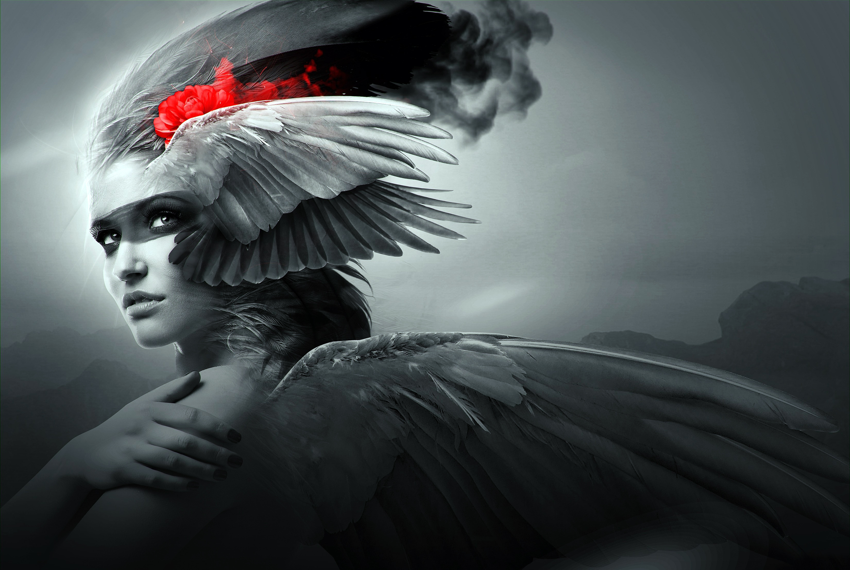 Fantasy Girl Angel Black Eyeshadow Wings Smoke Red Flowers Looking Back 3300x2215