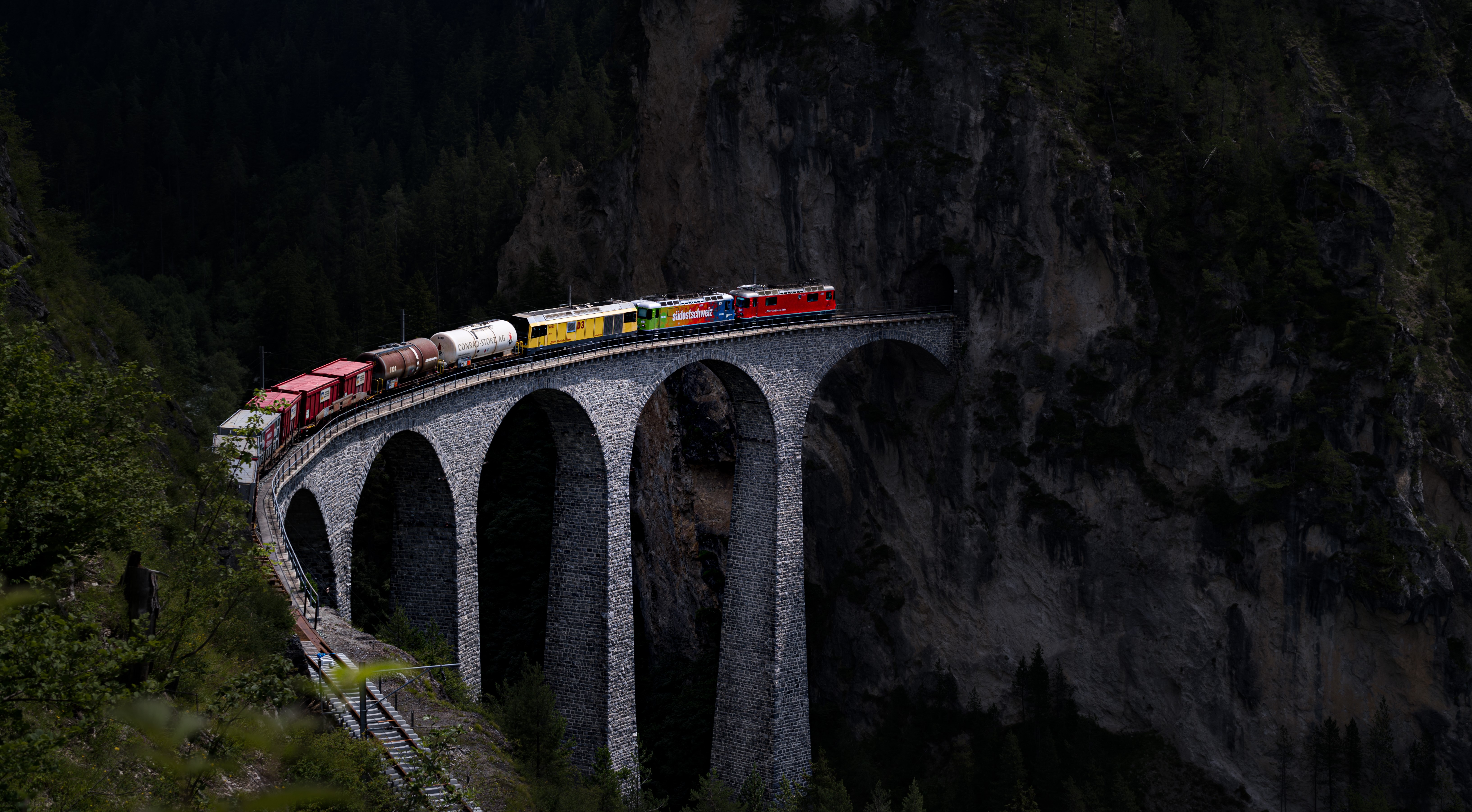 Landscape Mountains Trees Plants Bridge Architecture Rail Railway Train Locomotive Electric Locomoti 6531x3605