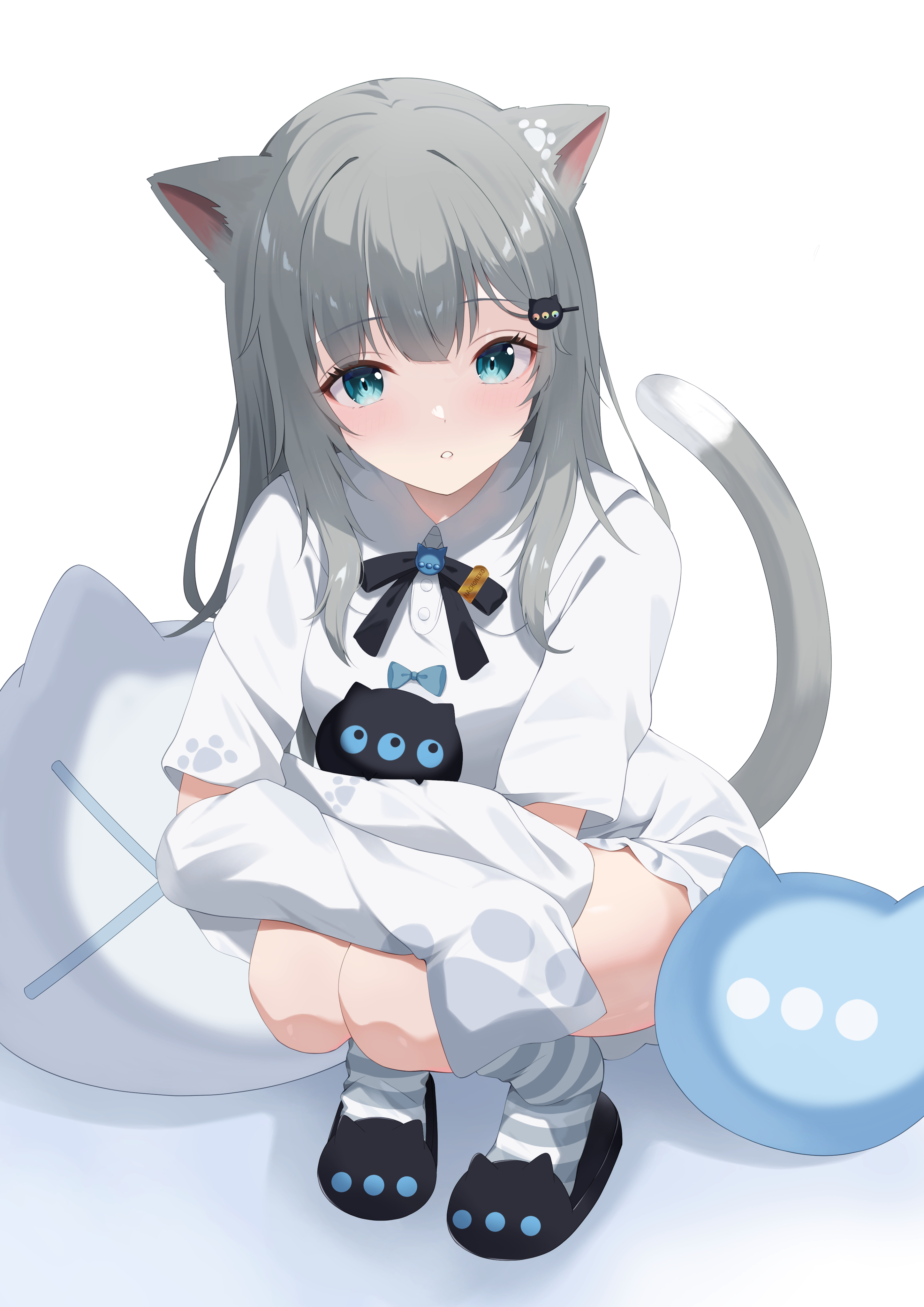 Nacho Neko Anime Anime Girls Cat Girl Blue Eyes Gray Hair 2894x4093