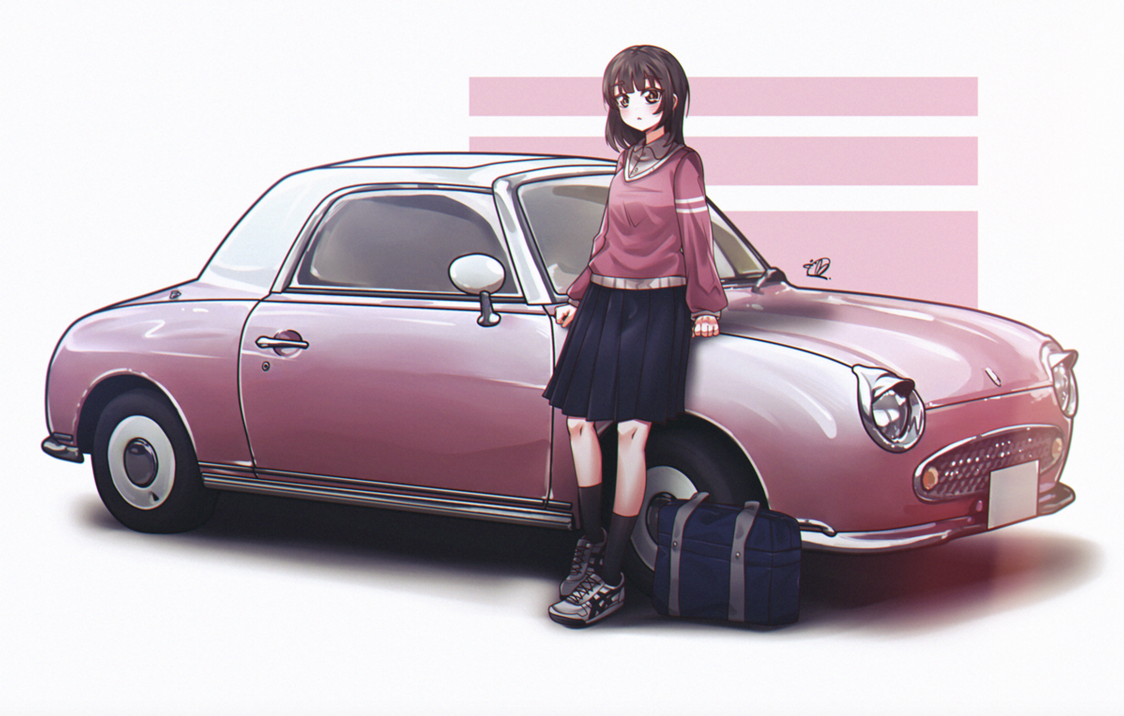 Illustration Traditional Art Fan Art Vehicle Automobile Schoolgirl School Uniform Anime Girls Nissan 2298x1464