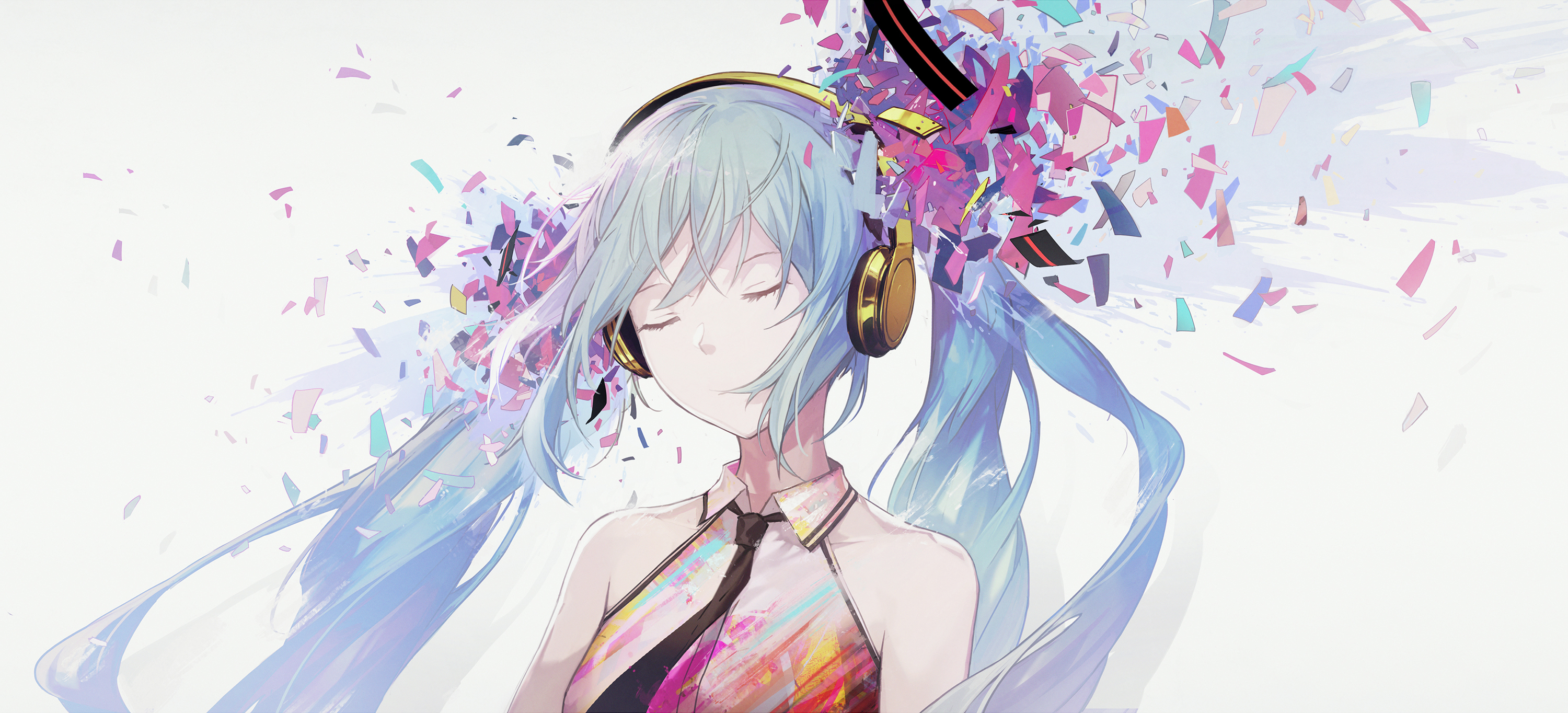 Hatsune Miku Twintails Closed Eyes Digital Art Headphones Vocaloid 3000x1364