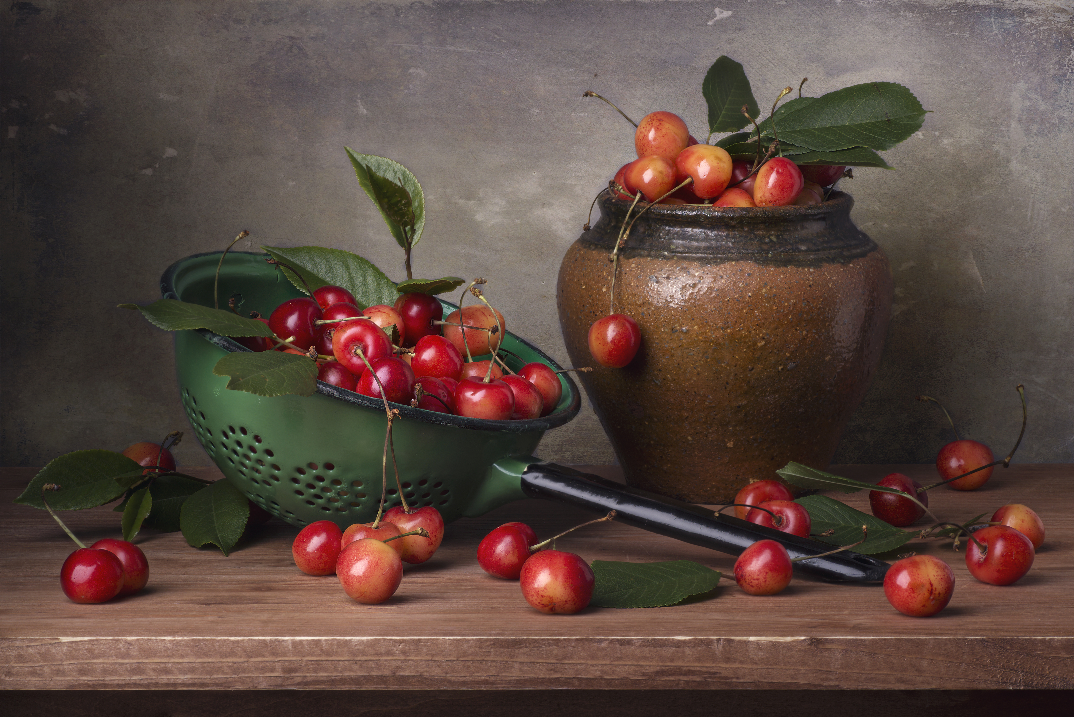 Maksim Vyshar Still Life Fruit Cherries Leaves Vases 3500x2336