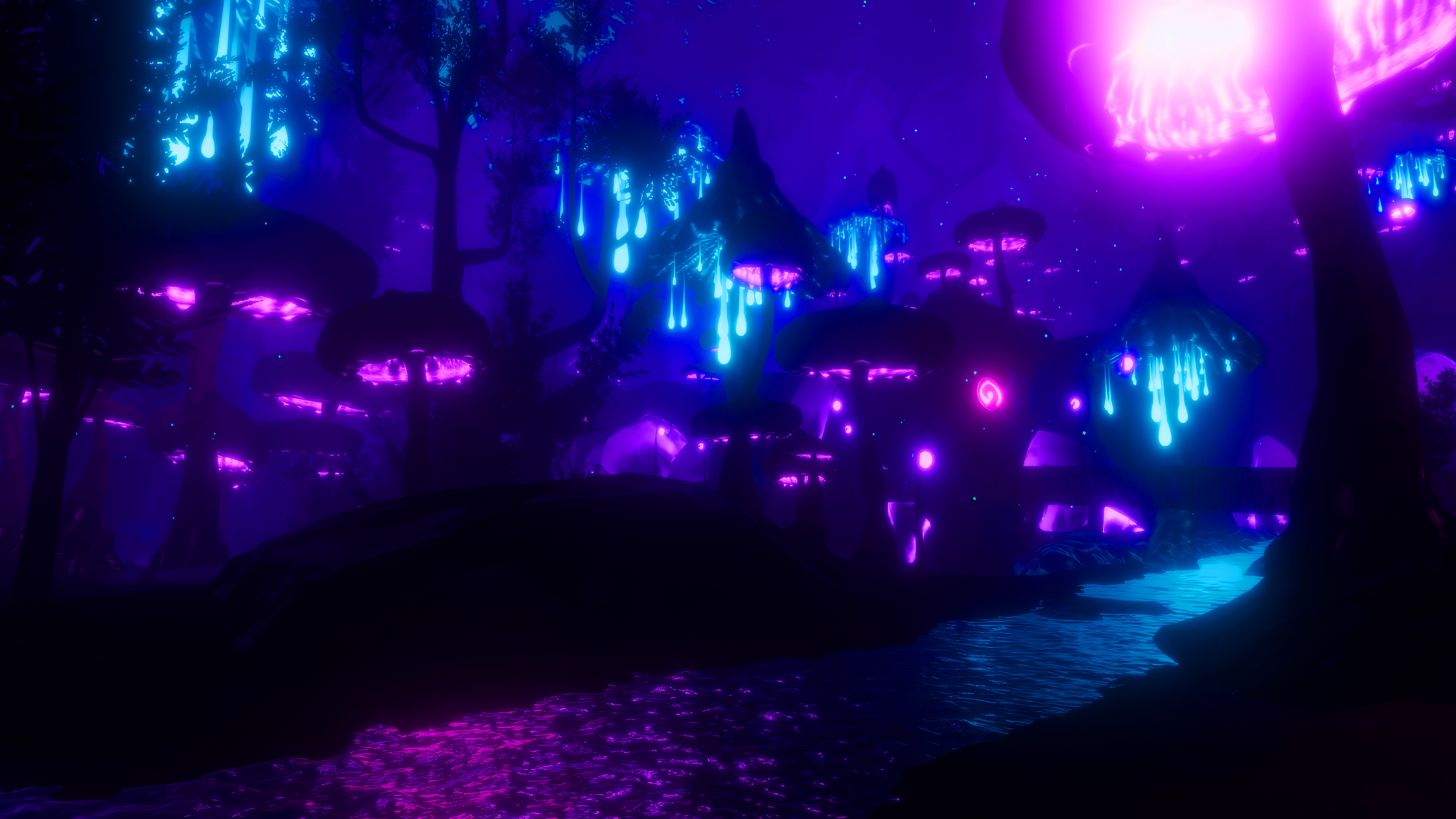 Mushroom Night Fantasy Art Water Blue Purple Neon Bright Turquoise Sea Video Game Art 3840x2160