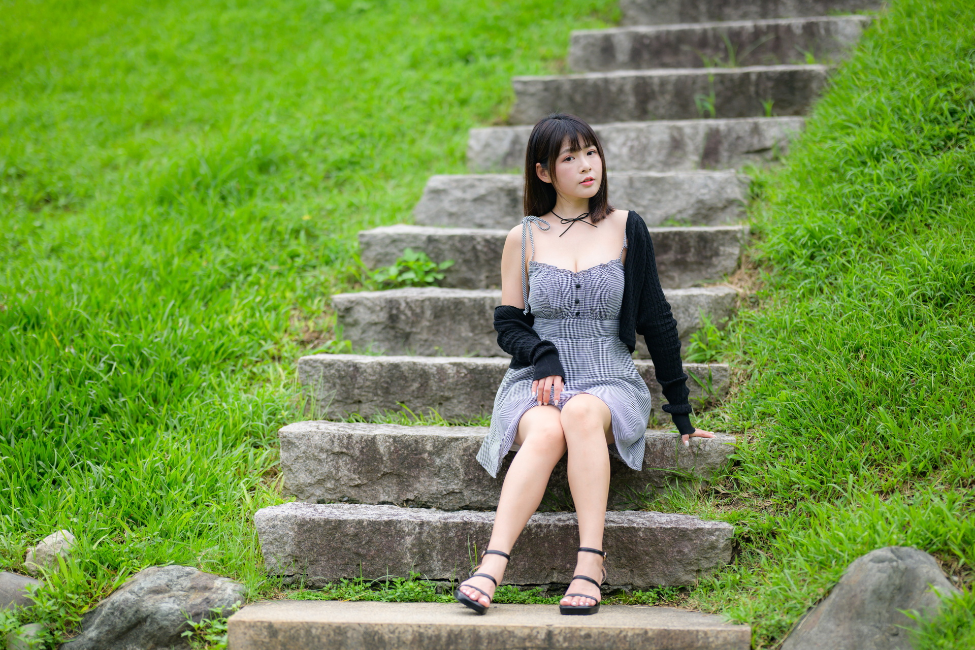 Asian Model Women Long Hair Dark Hair Sitting Stairs Barefoot Sandal 1920x1280