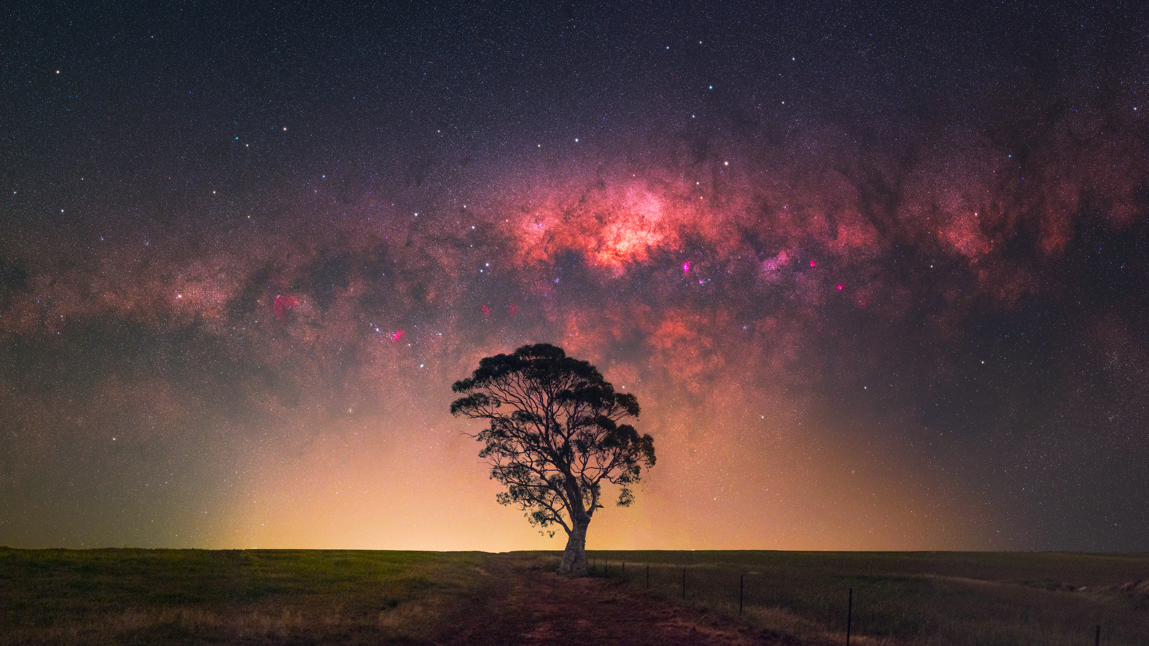 Nature Landscape Trees Field Grass Fence Night Stars Milky Way Space Galaxy Australia 3840x2160