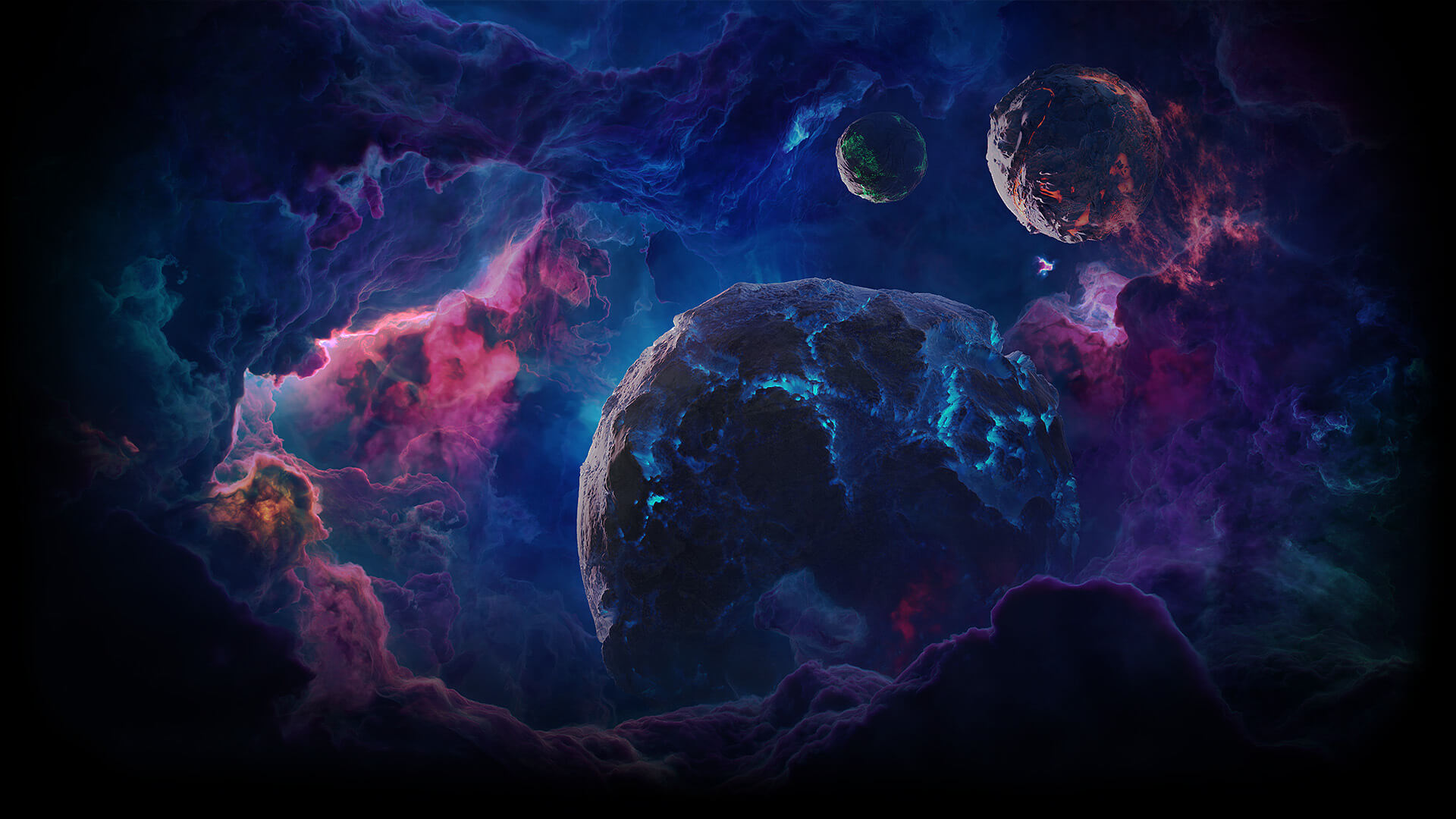 Space Nebula Digital Art Planet Stars Vignette 1920x1080