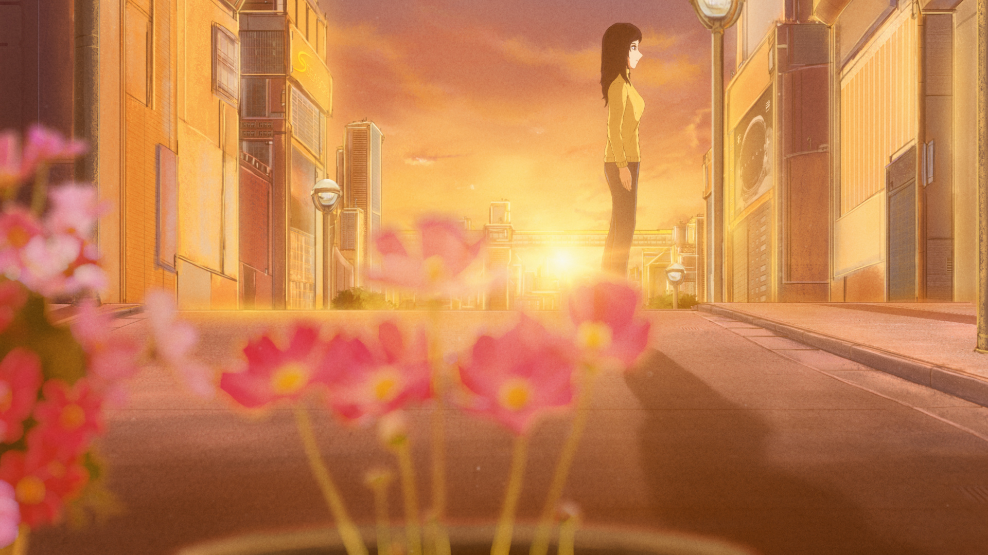 Outdoors Digital Art Anime City City Sunset Glow Sky Anime Flowers Building Cityscape Anime Girls Su 1920x1080