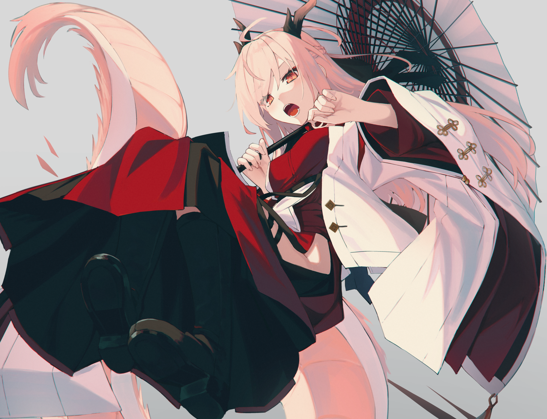 Nagishiro Mito Original Characters Japanese Clothes Red Eyes Pink Hair Long Hair Fangs Tail Umbrella 1914x1466