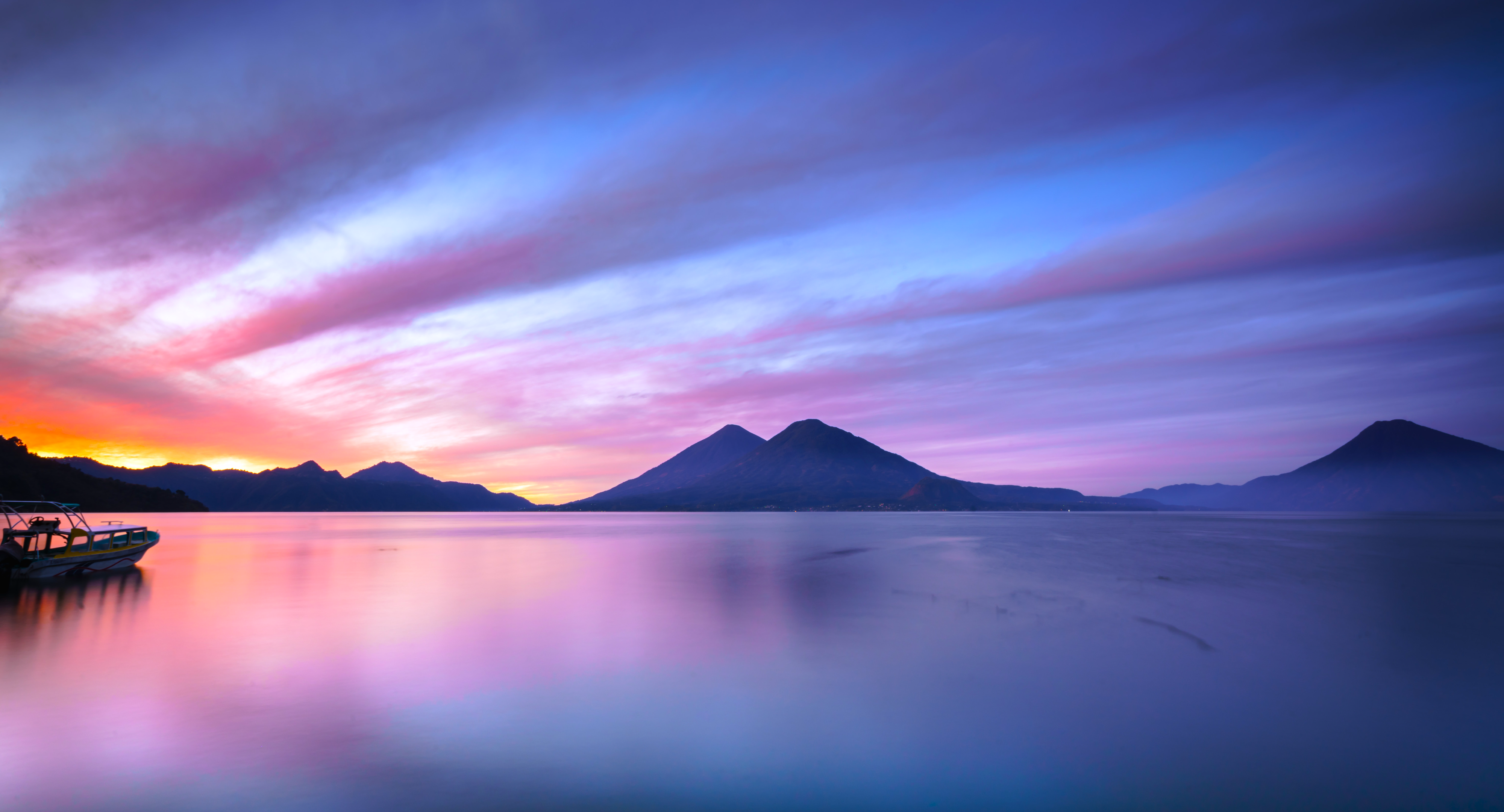 Nature Landscape Sky Clouds Mountains Boat Water River Sunset Long Exposure Guatemala Daniel Burton 4000x2161