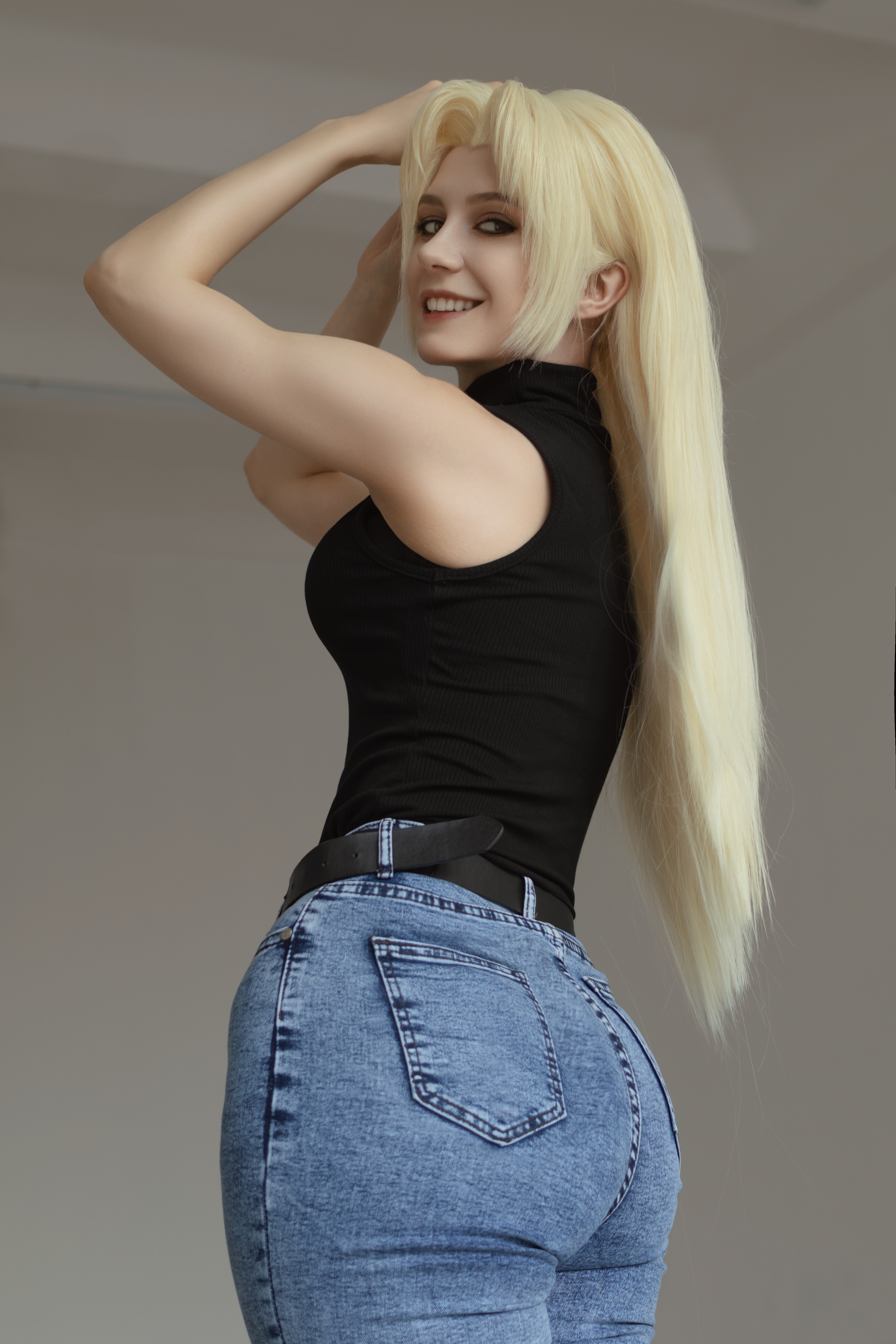 Jeans Blonde Looking Over Shoulder Teeth Looking At Viewer Smiling Portrait Display Long Hair Arms U 4000x6000