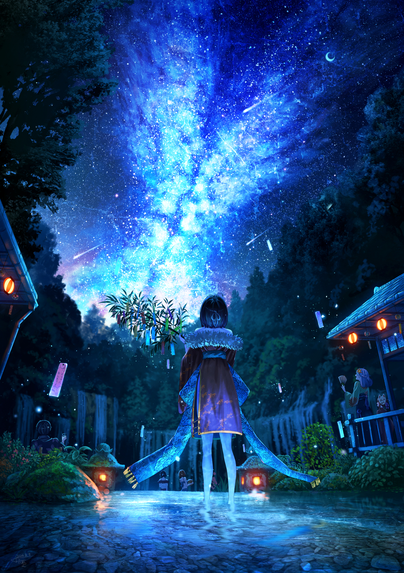 Shuu Illust Anime Girls Group Of Women Outdoors Milky Way Crescent Moon Rear View Starry Night Starr 1412x2000