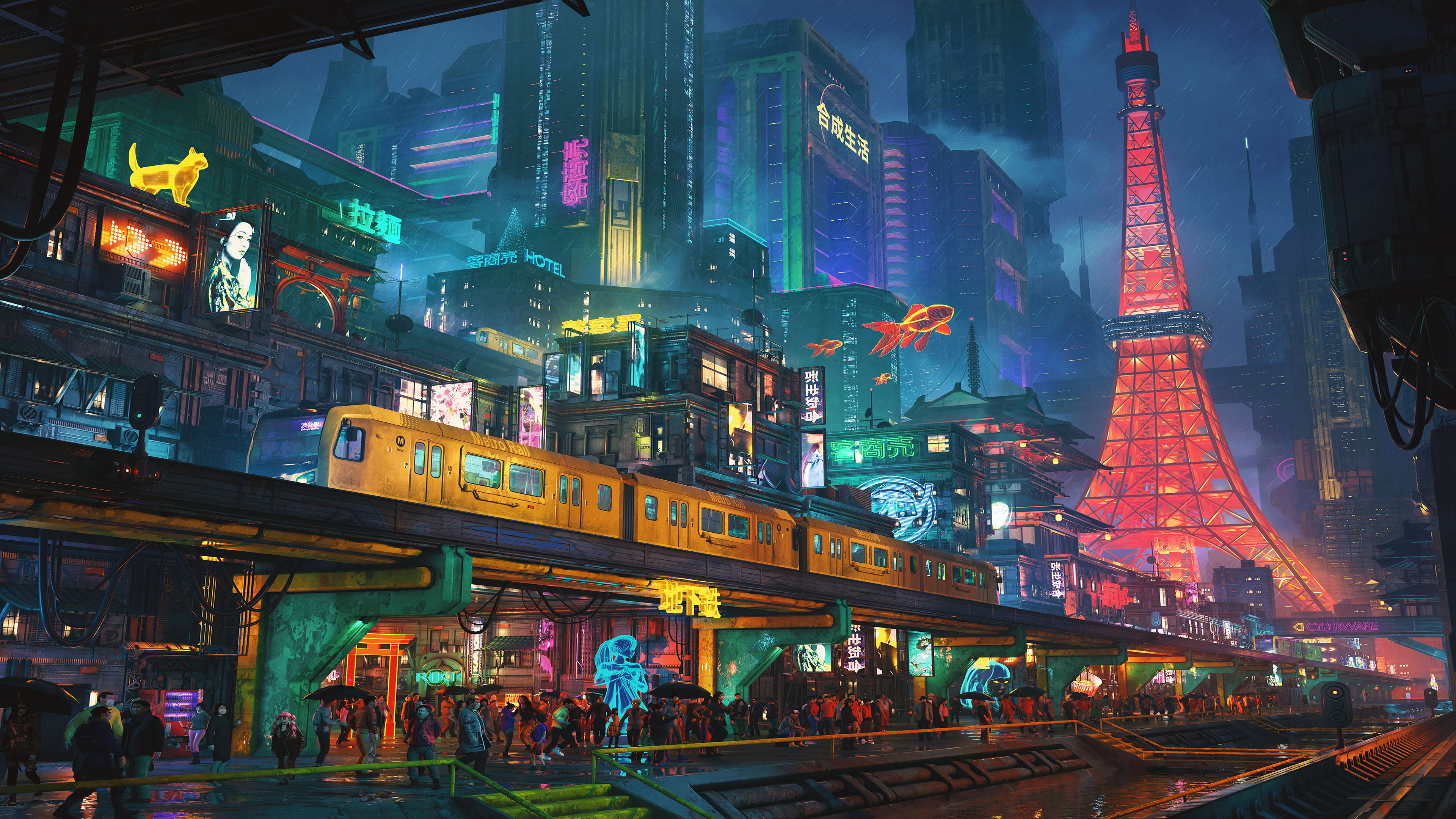 Dominic Van Velsen Drawing Travelers Tokyo Cyberpunk Train Crowds Digital Art Watermarked Building C 3840x2160
