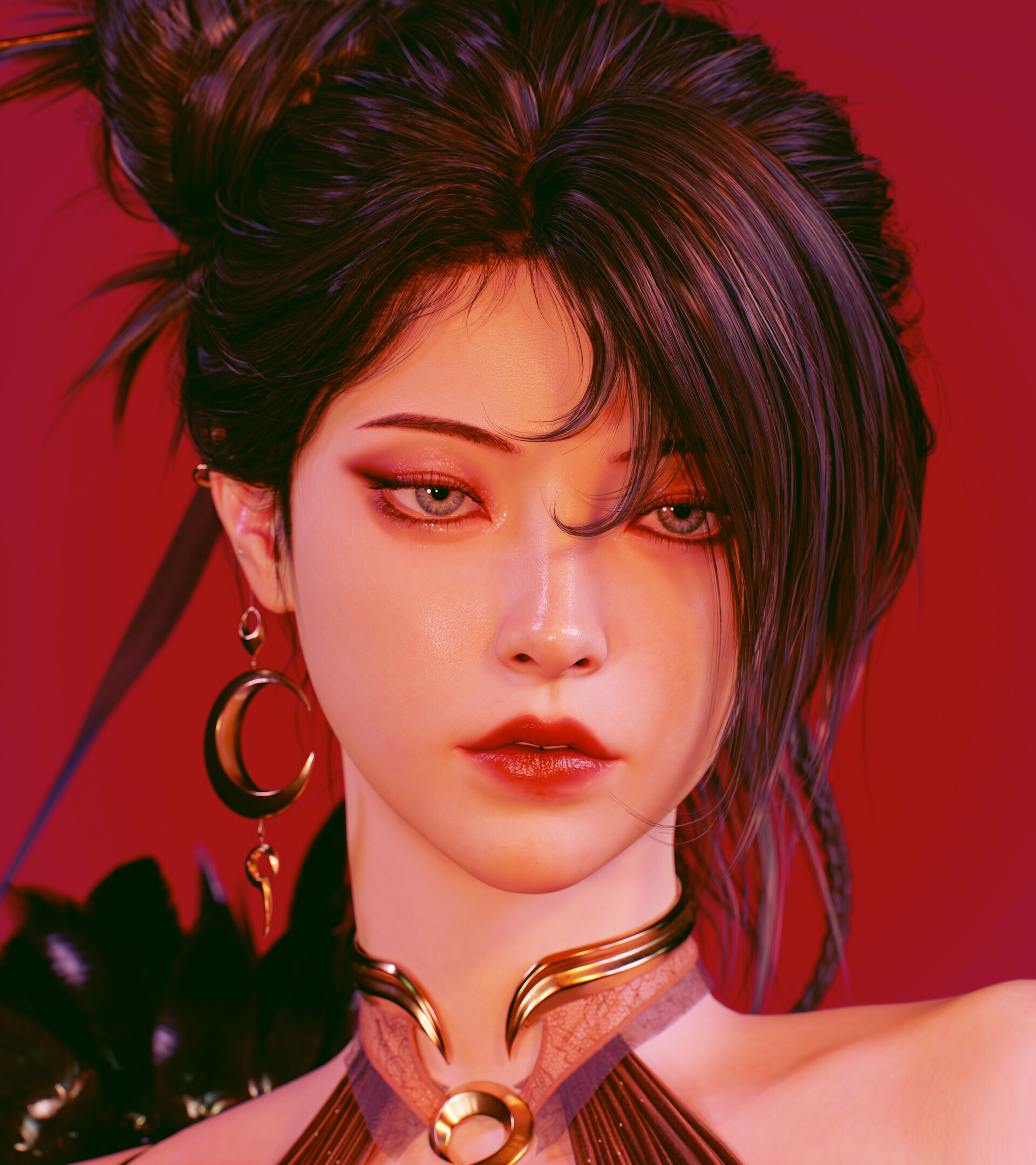 Hojin Jeong CGi Women Dark Hair Gold Simple Background 1920x2160