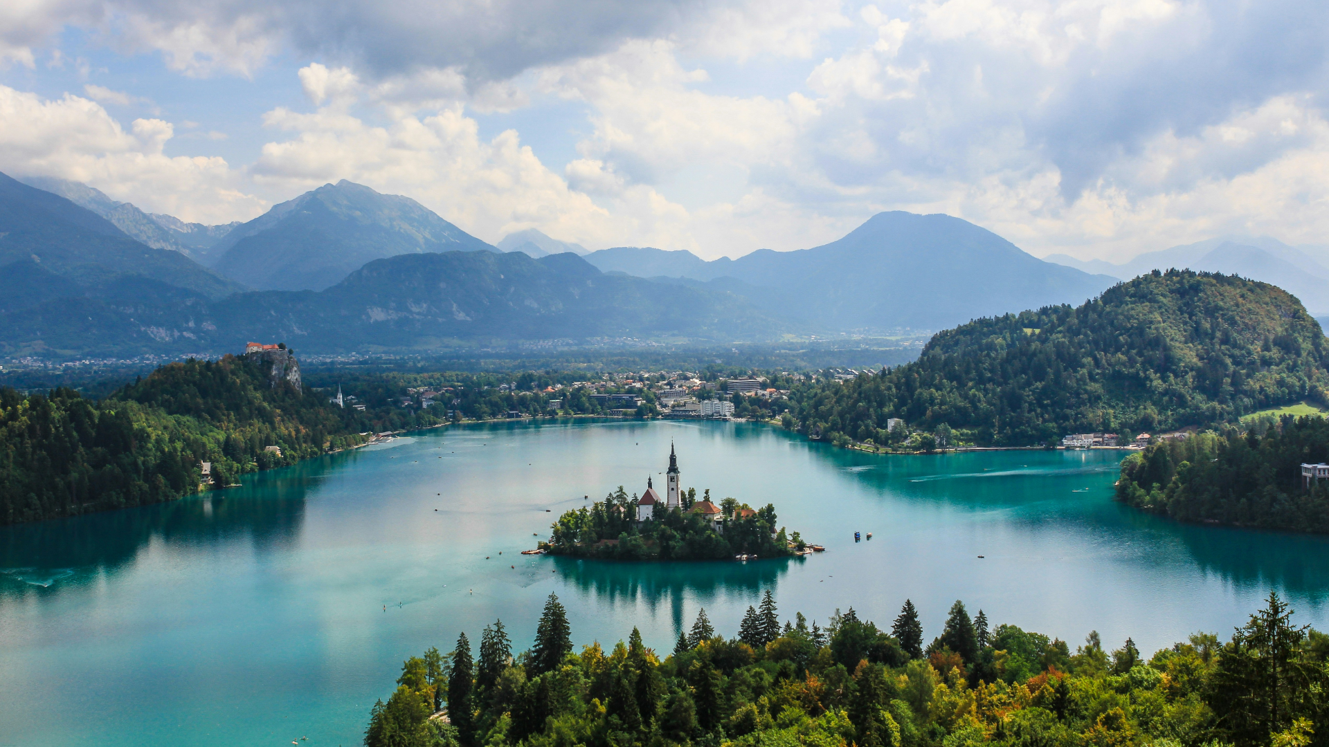 Lake Mountains Water Clouds Sky Trees Forest Tourist Aerial View Church Europe Lake Bled Slovenia Na 1920x1080