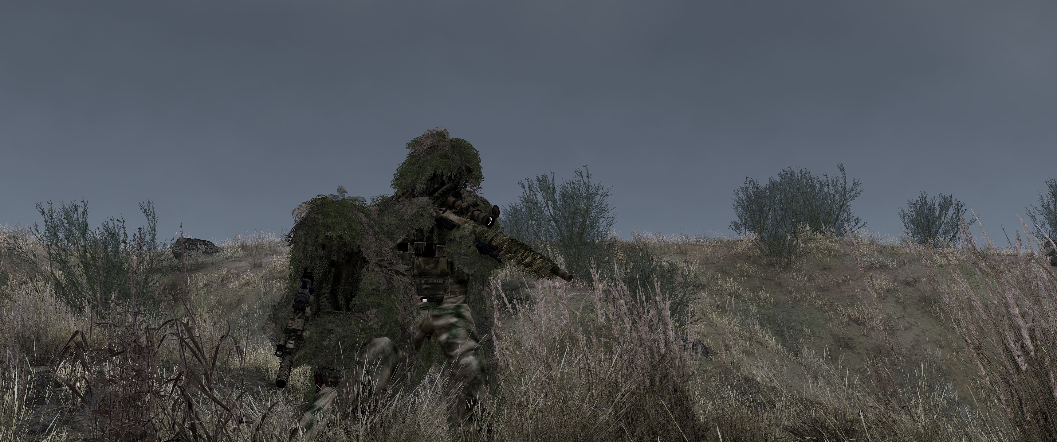 Arma 3 Video Games Soldier Snipers Ghillie Suit Camouflage M40A5 M4A1 Holding Gun Screen Shot Moddin 3440x1440