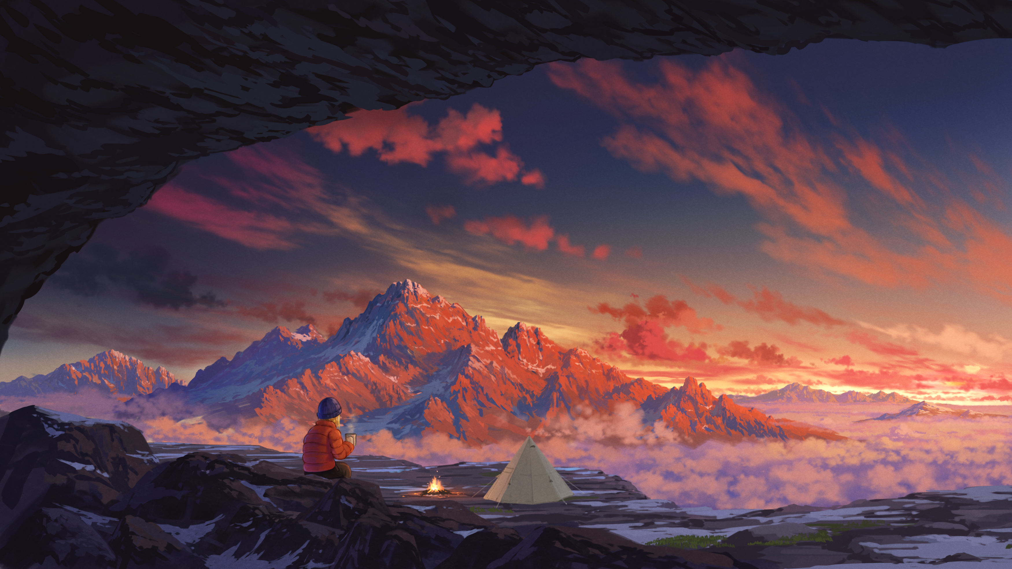 Pei Sumurai Mountains Sunset Sky Clouds Dusk Campfire Tent Snow Hat Rocks Red Jackets Outdoors 3500x1969