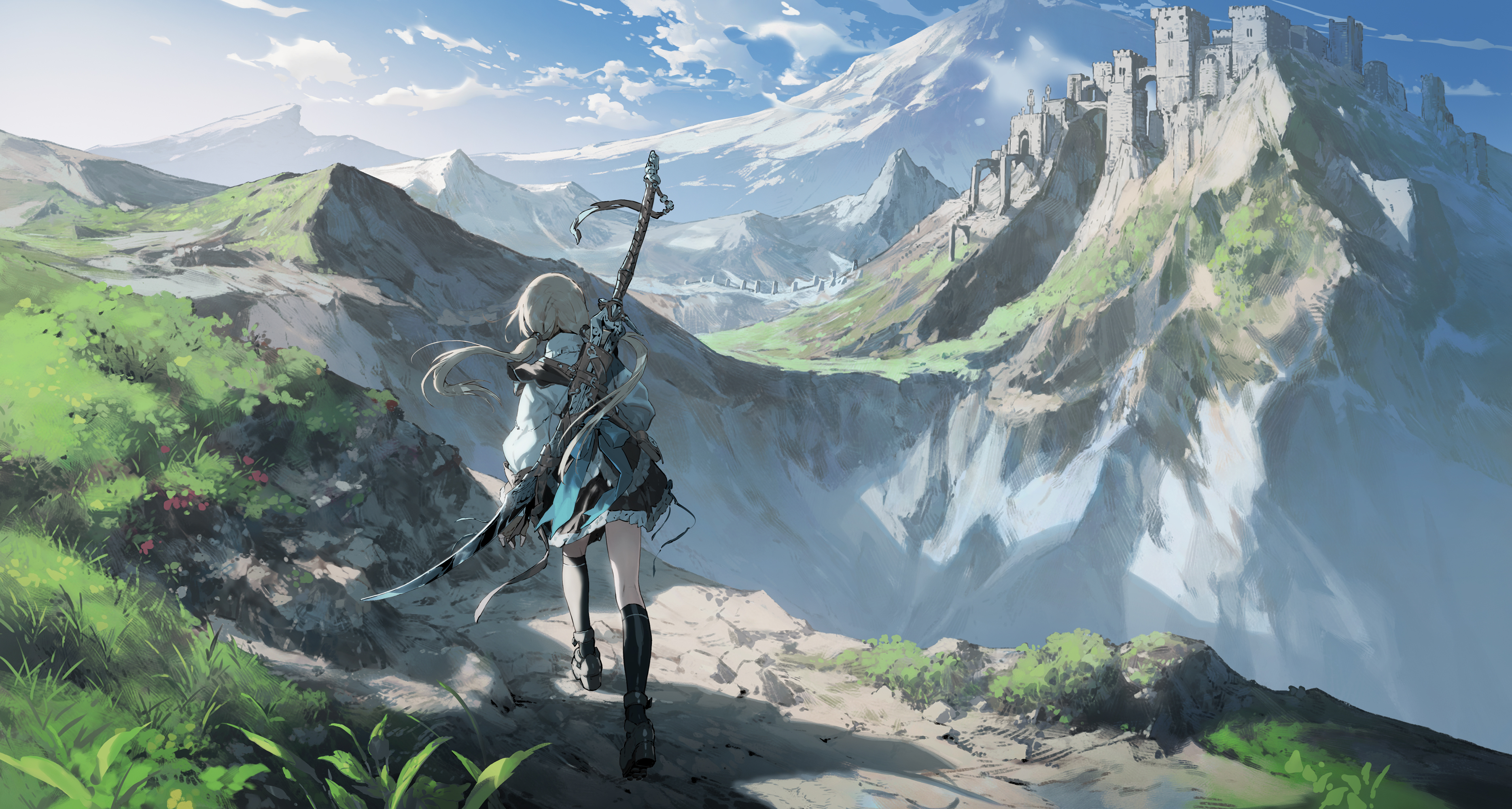 Anime Girls Rear View White Shirt Twintails Mountains Walking Weapon Long Hair Castle Grass Sky Clif 3737x2000