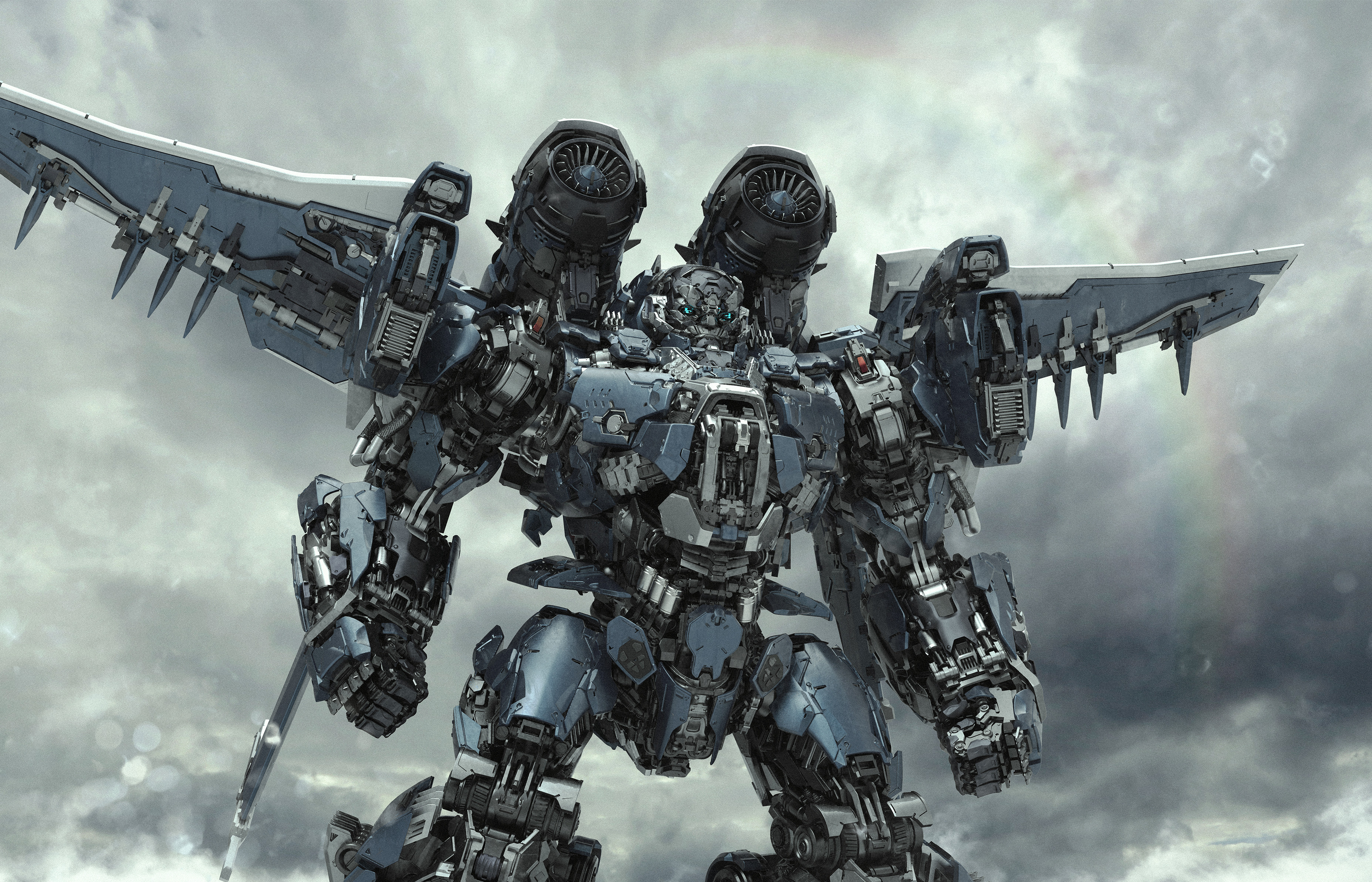 Robot Science Fiction Military Armor Clouds Weapon War 3710x2384