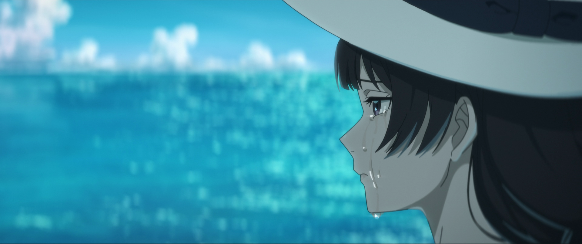 Natsu E No Tunnel Sayonara No Deguchi Sea Lochs Black Hair Anime Crying White Hat Sad 1920x804