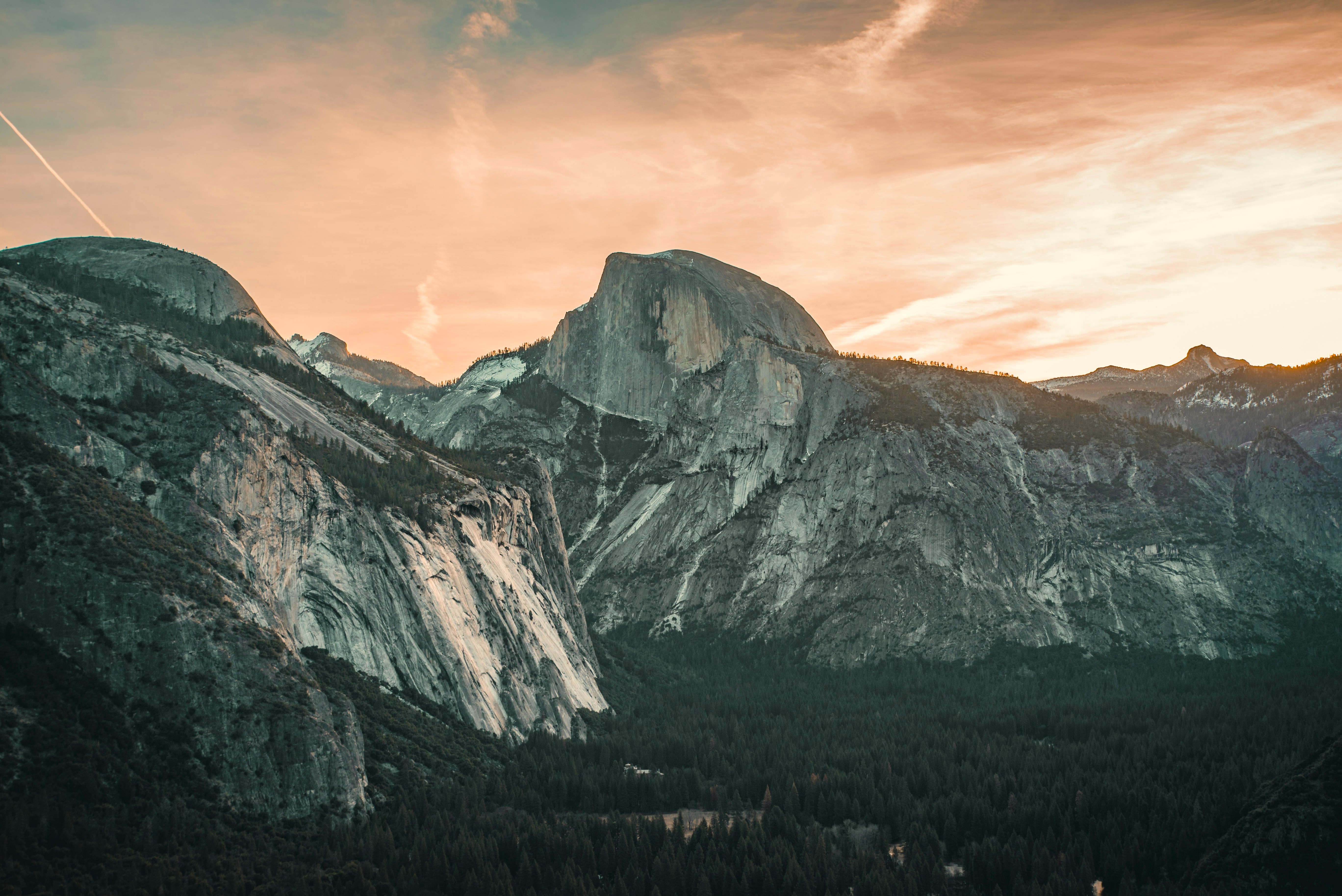 Nature Landscape Clouds Sky Trees Forest Mountains Sunrise Golden Hour Valley Half Dome Yosemite Val 5473x3654