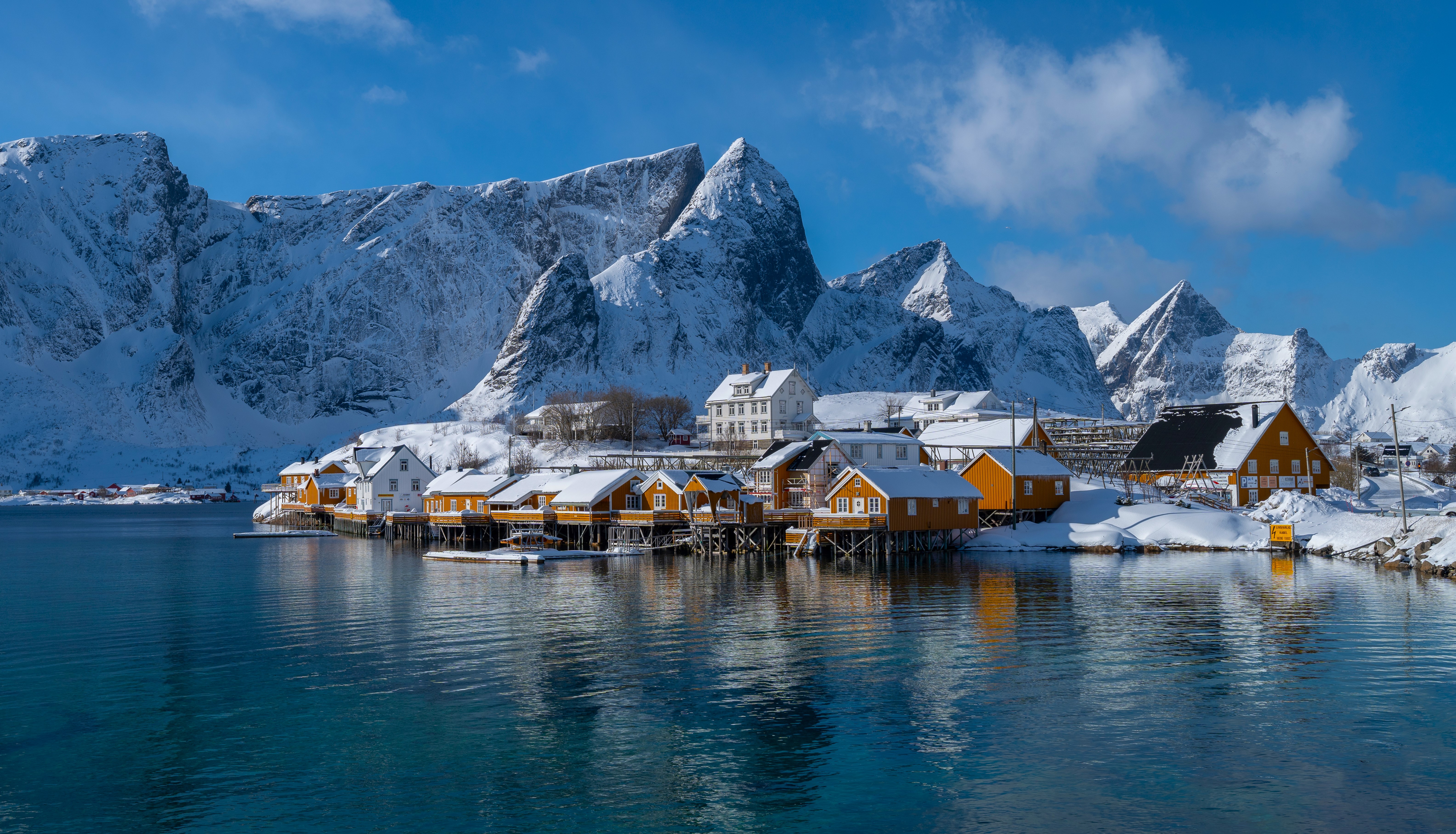 Nature Landscape House Village Mountains Snow Winter Clouds Sky Water Pier Lofoten Norway 6338x3629