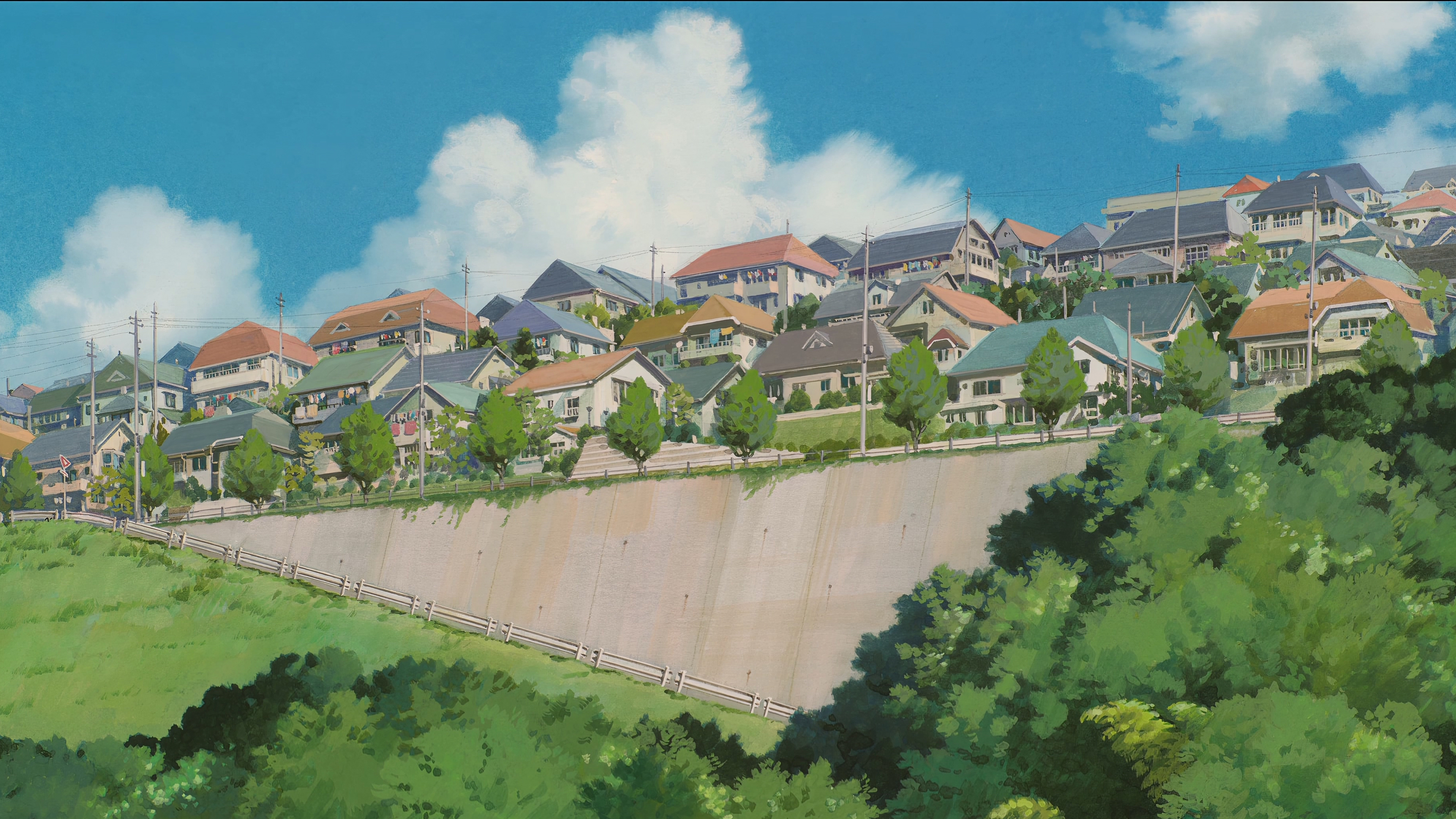 Animation Anime Studio Ghibli Illustration Spirited Away City House Clouds 4K Trees 3840x2160