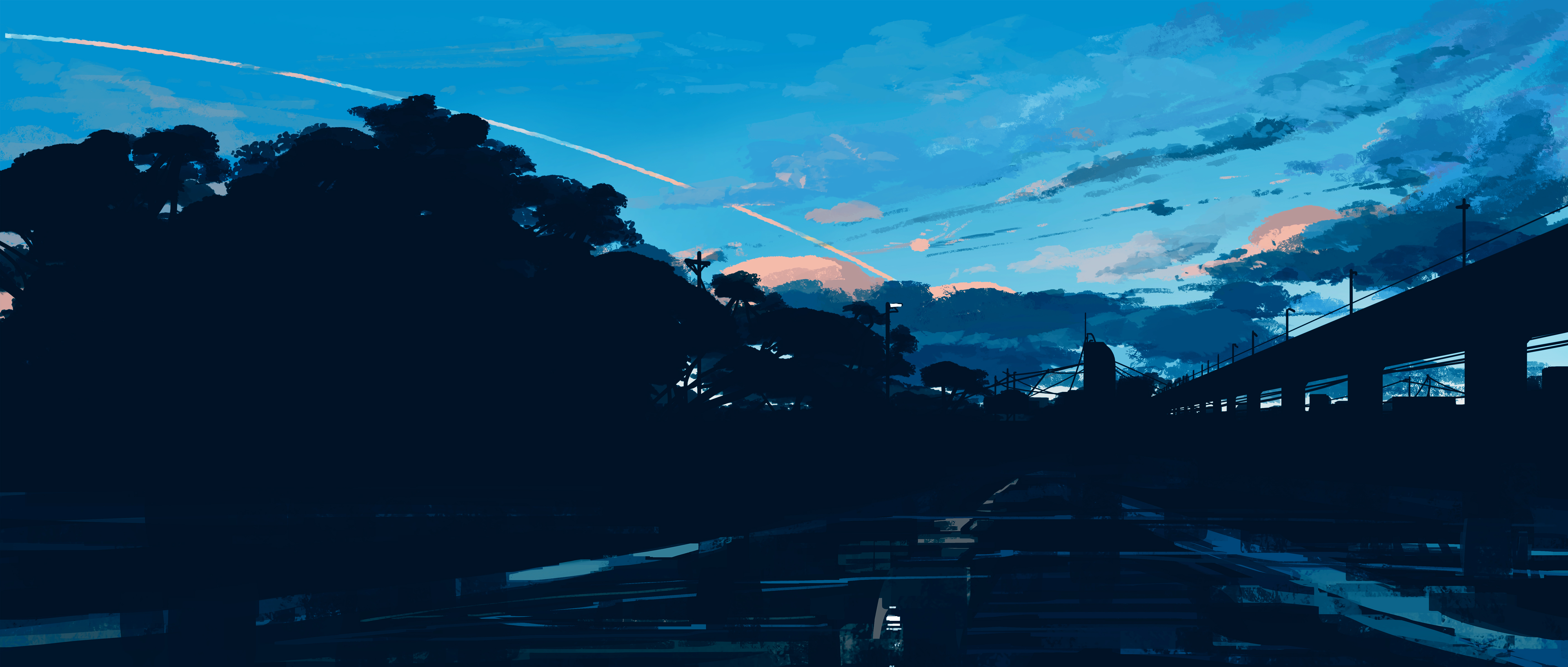 Anime Sky Gracile City Artwork Clouds Trees 5640x2400