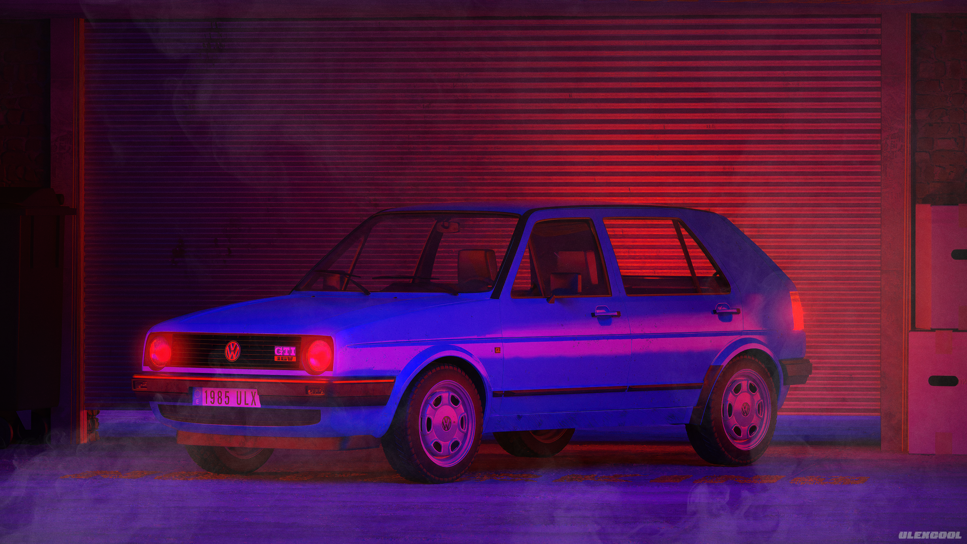 Car Car Model Volkswagen Golf Ii Neon Garage Parking Smoke Blue Cars CGi Digital Art 3840x2160