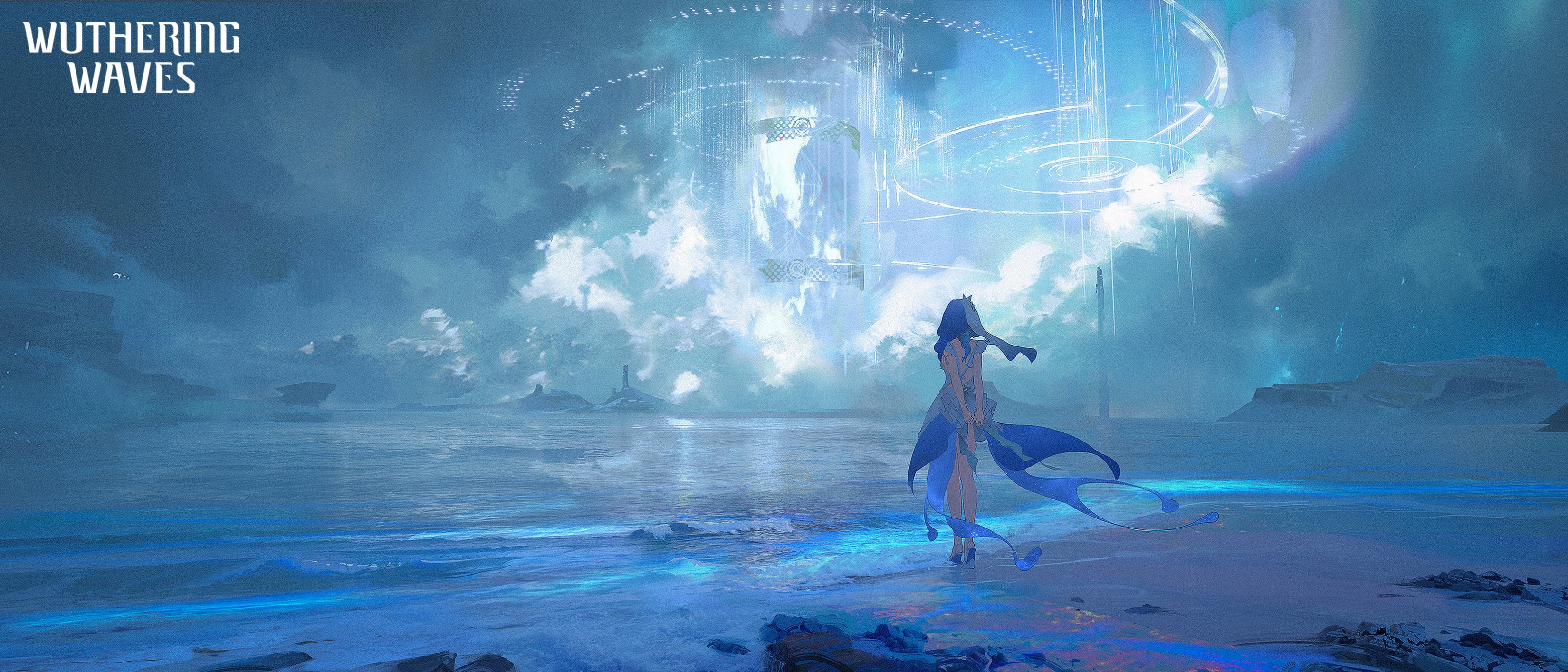 Wuthering Waves Beach Shorekeeper Wuthering Waves Sky Void 0 Clouds Dress Logo Shore Anime Girls Rea 3300x1414