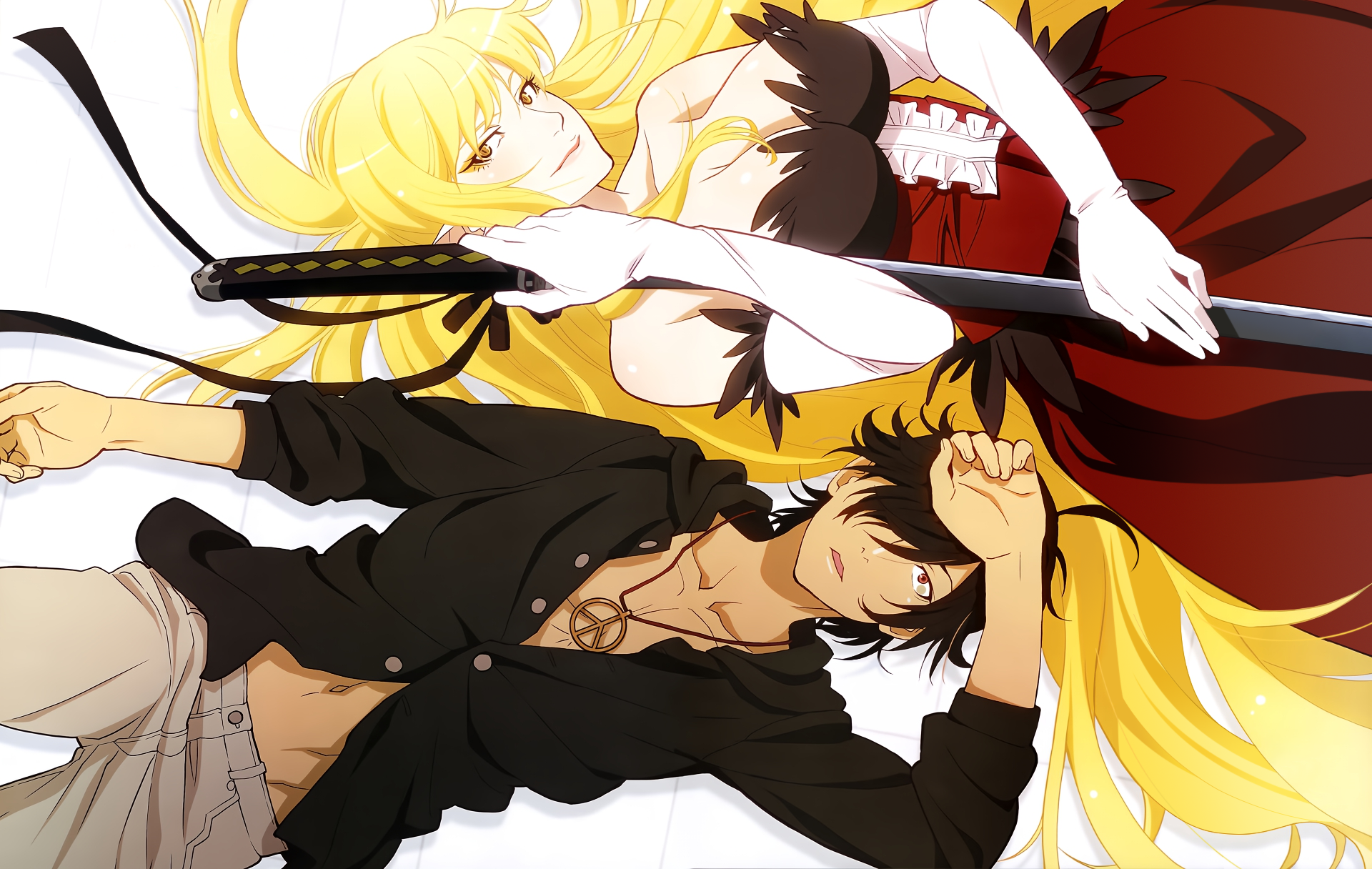 Anime Anime Girls Anime Boys Monogatari Series Oshino Shinobu Araragi Koyomi Long Hair Blonde Short  1920x1216