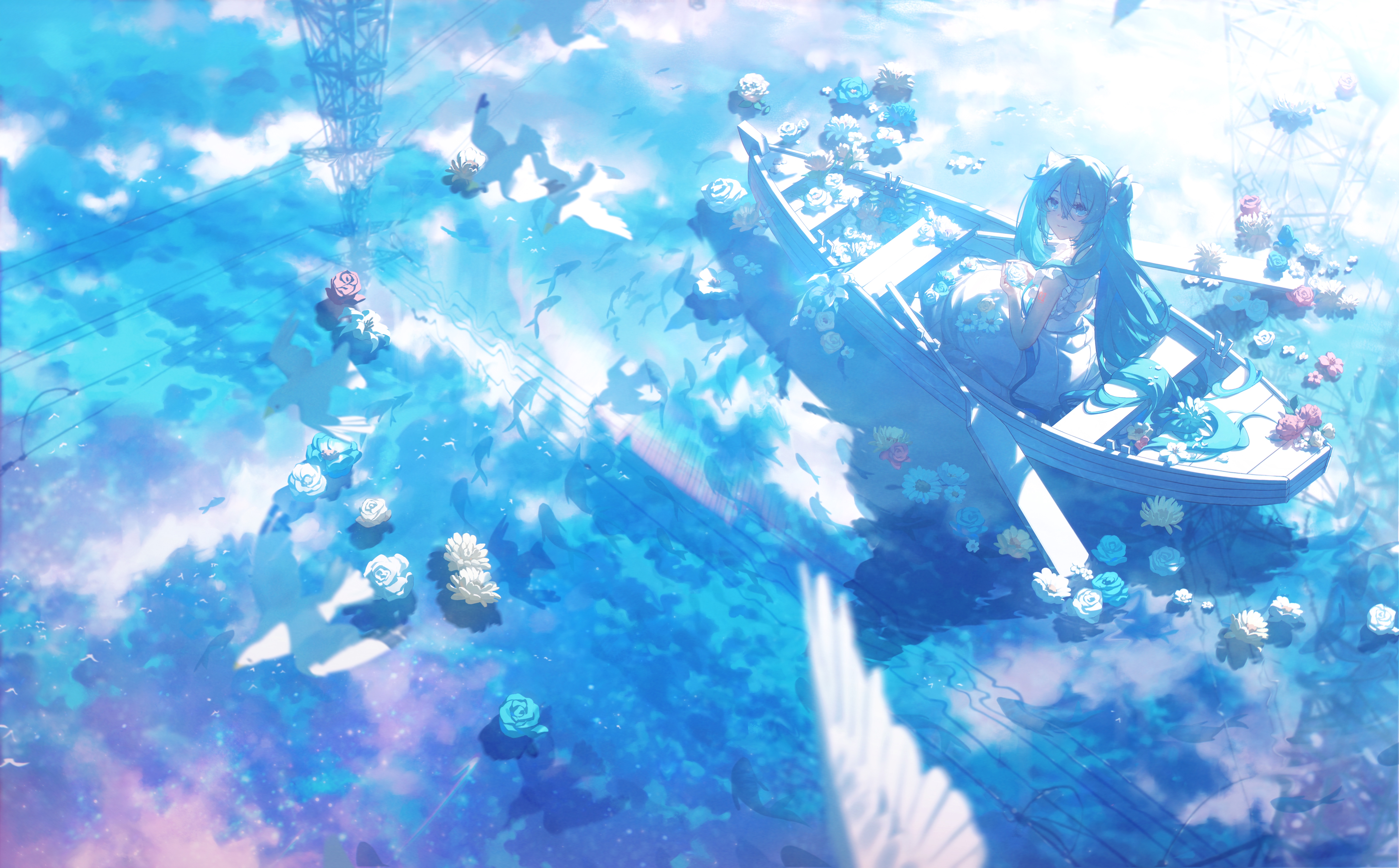 Hatsune Miku Water Boat Flowers Vocaloid Reflection Long Hair Blue Hair Anime Girls Blue Eyes Sittin 6700x4158