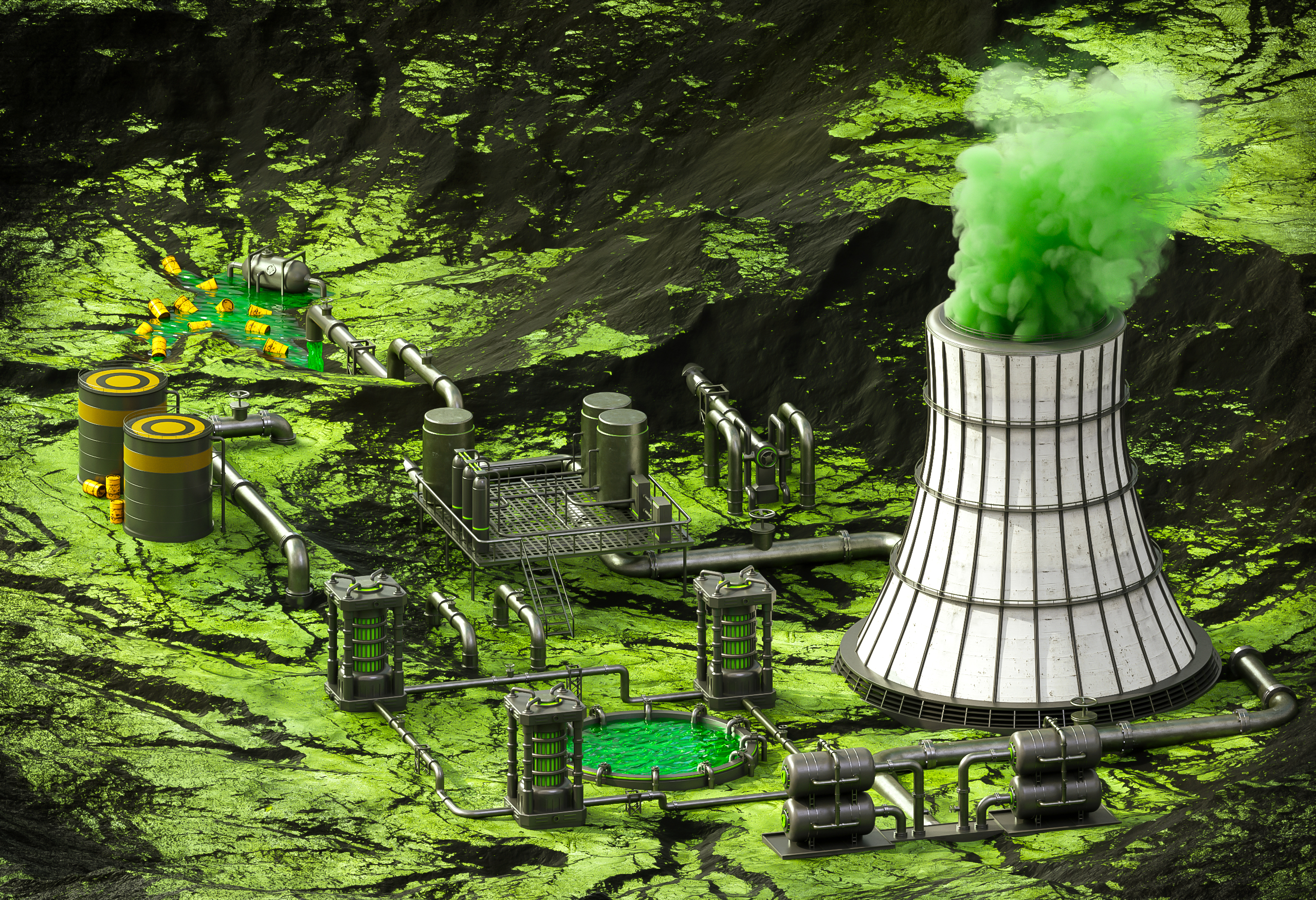 Toxic Factories Green Smoke Factory Tubes Detailed CGi Nuclear Pollution Reflection Landscape Contra 2560x1750